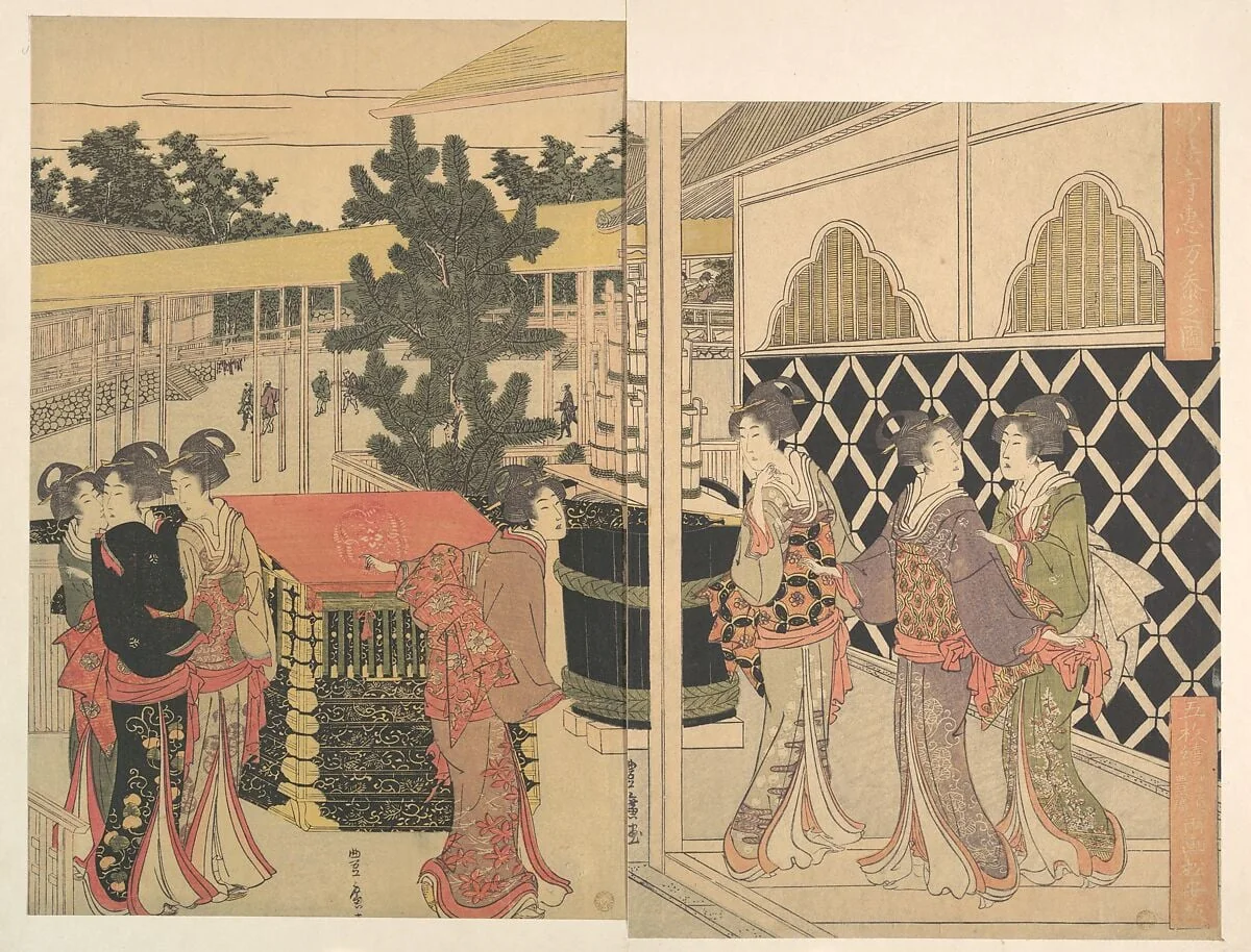 Horinouchi Myōhōji Eho Mairi no Zu|Pilgrimage to Myōhōji in Horinouchi, Edo, by Utagawa Toyohiro, ink, 1804