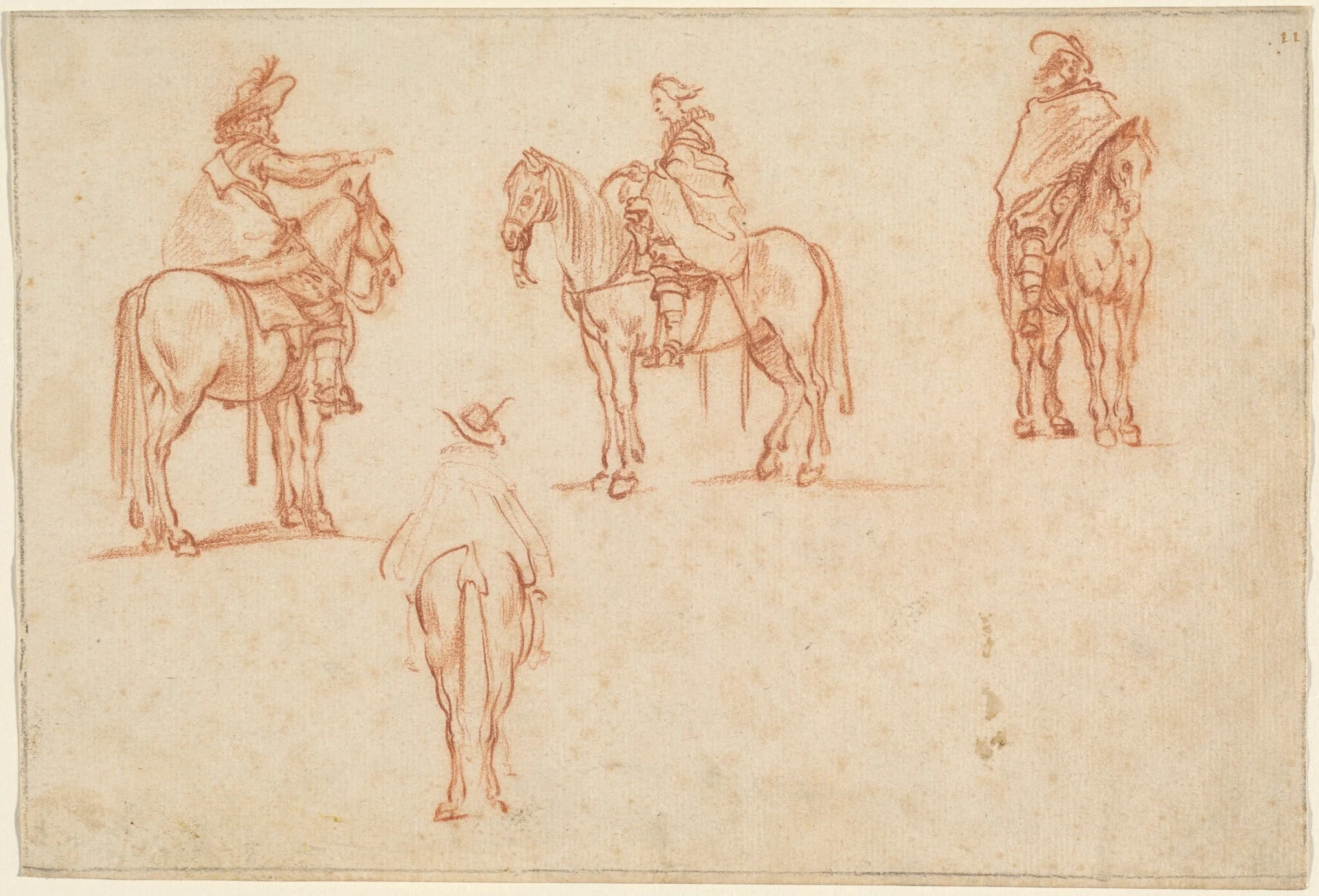 Study of Four Horsemen, by Jacques Callot, chalk, 1628