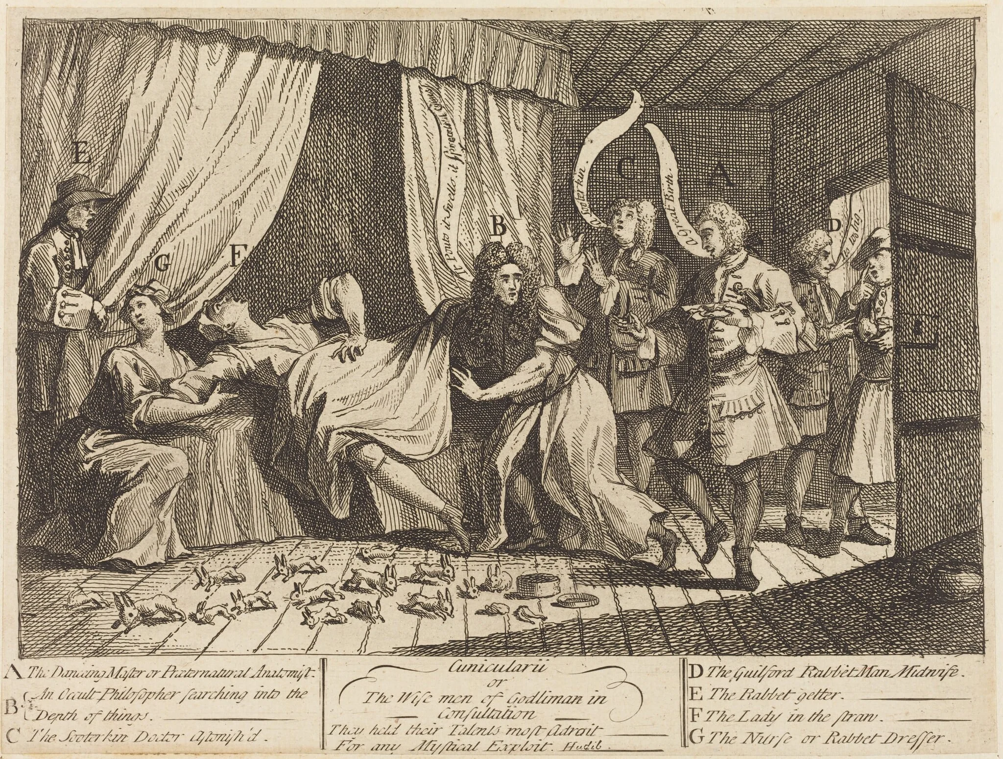 Cunicularii, or The Wise Men of Godliman in Consultation, by William Hogarth, ink, 1726