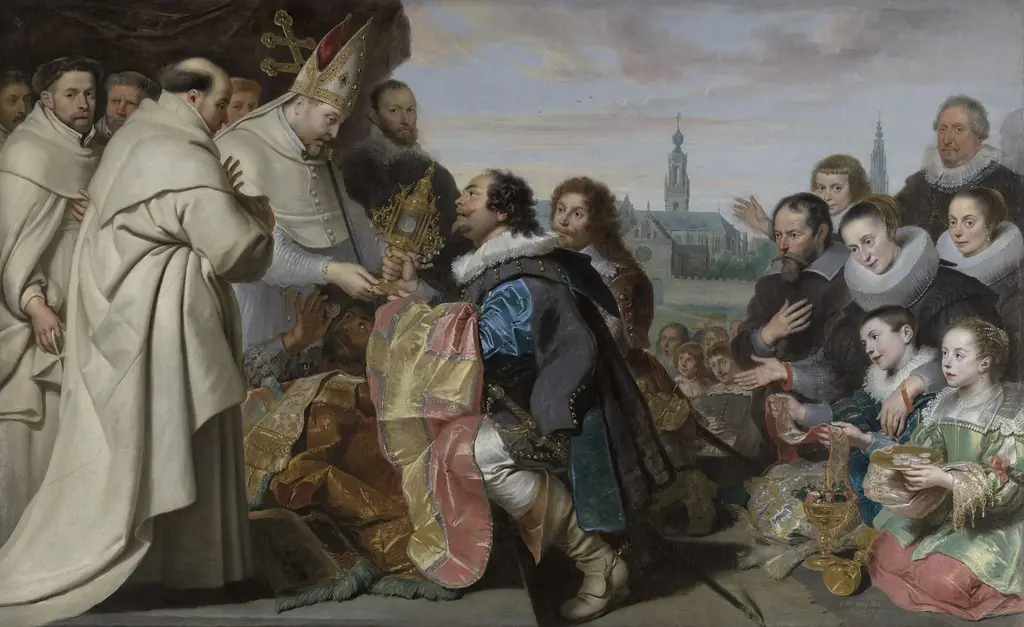 The Citizens of Antwerp bring back to Saint Norbert the Monstrance and other Sacred Vessels that they had hidden from Tankelin