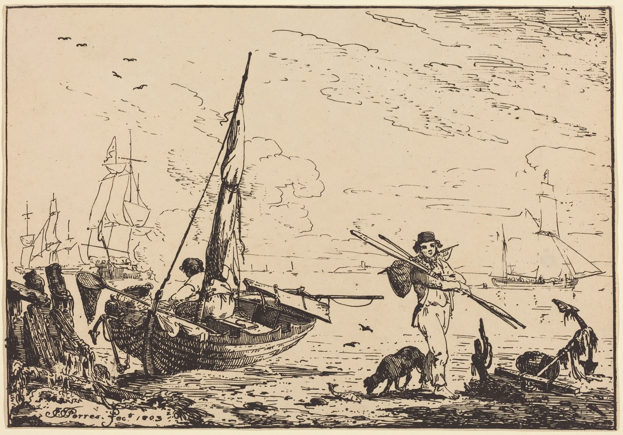 Marine: Fishing Boats on Shore, Man with Oars, Ship in Distance, by John Thomas Serres, ink, 1803