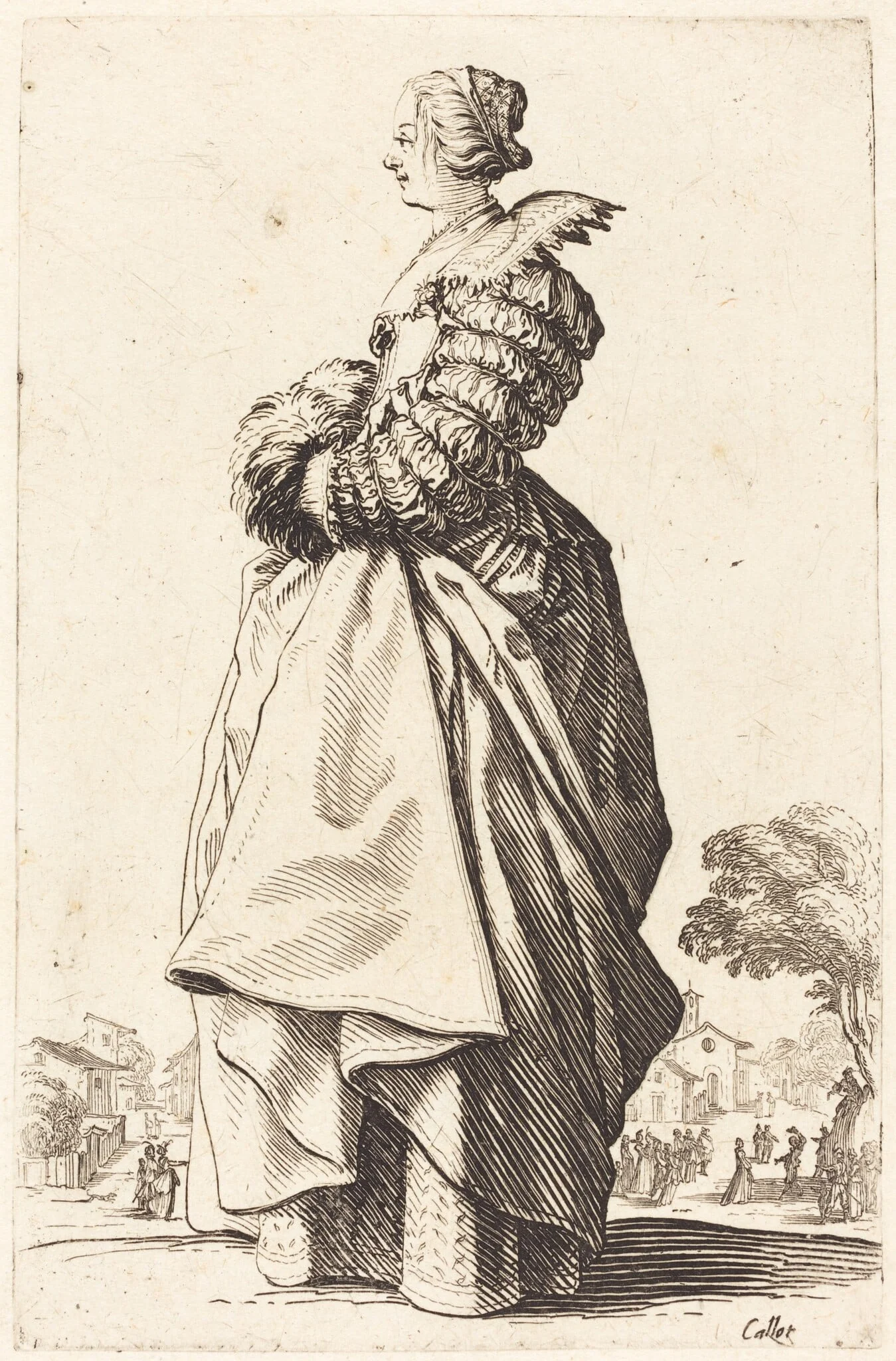 Noble Woman in Profile with her Hands in a Muff, by Jacques Callot, ink, 1622