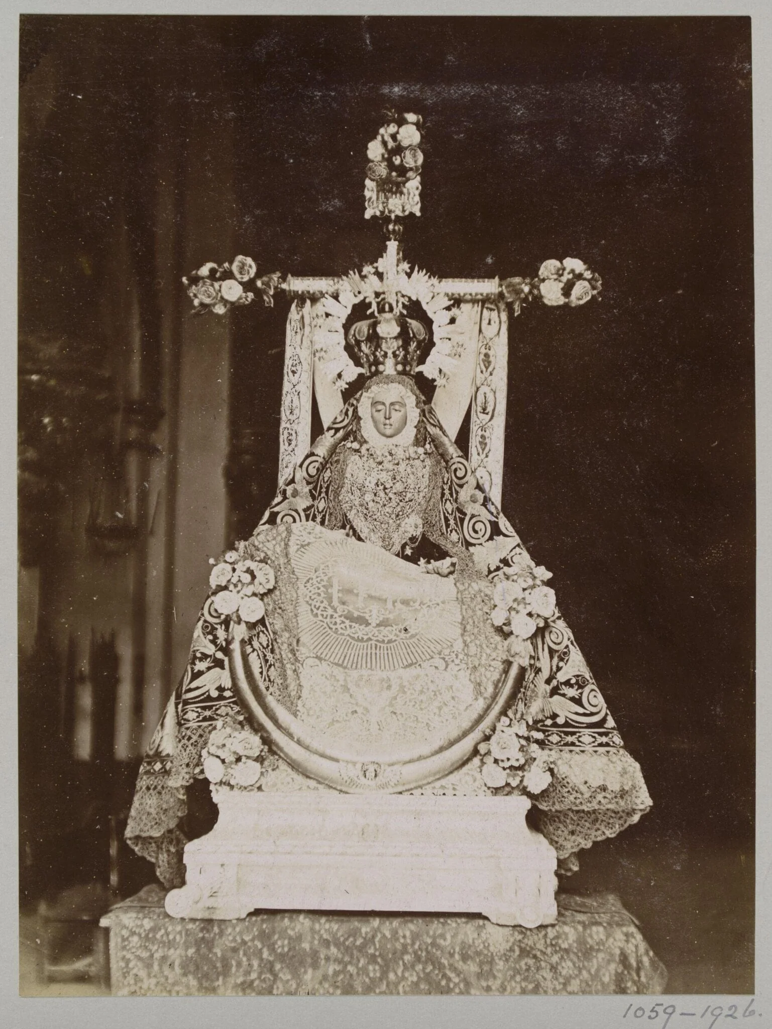 Sculpture of the Patroness of Granada, Nuestra Señora de las Angustias (Our Lady of Sorrows), housed in the altarpiece of the Basilica de las Angustias, by Unknown, photographic, 1850