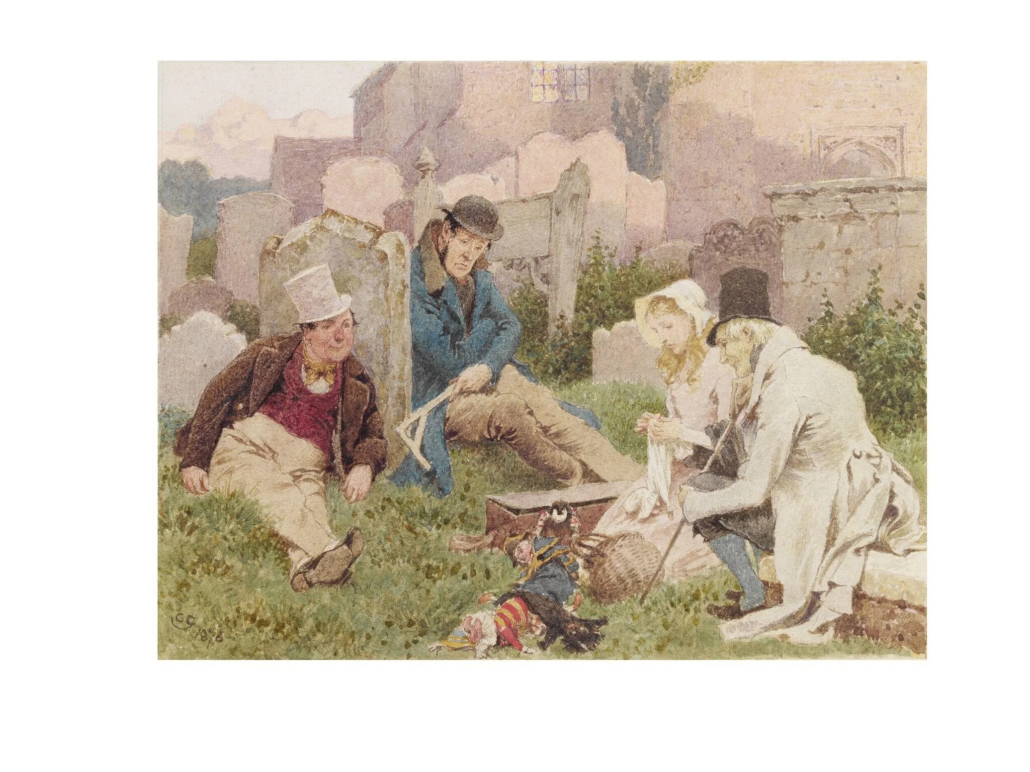 Little Nell mending the Puppet's Dress, by Charles Green, watercolor, 1876