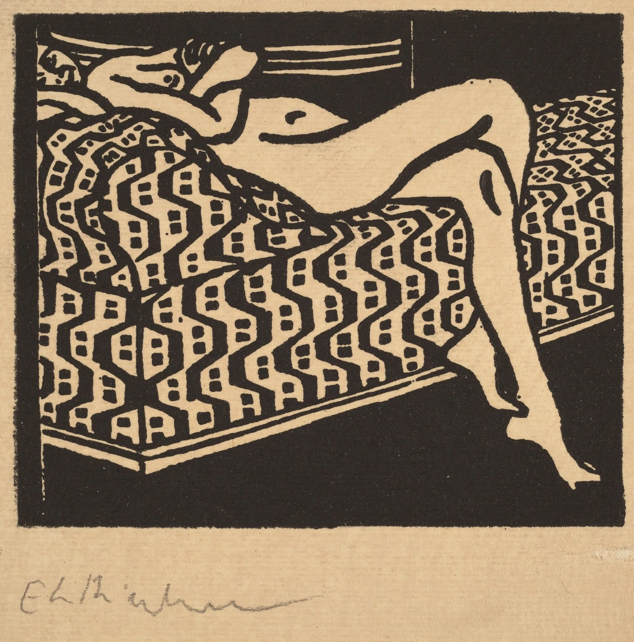 Nude Girl Lying on a Sofa, by Ernst Ludwig Kirchner, ink, 1905