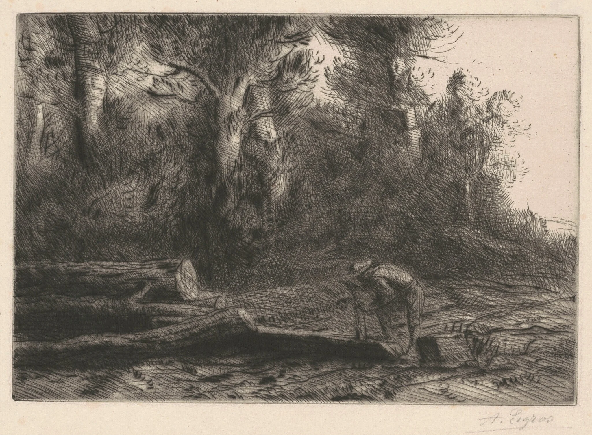 Man Squaring Logs (Homme qui fend des bûches), by Alphonse Legros, ink, 1882