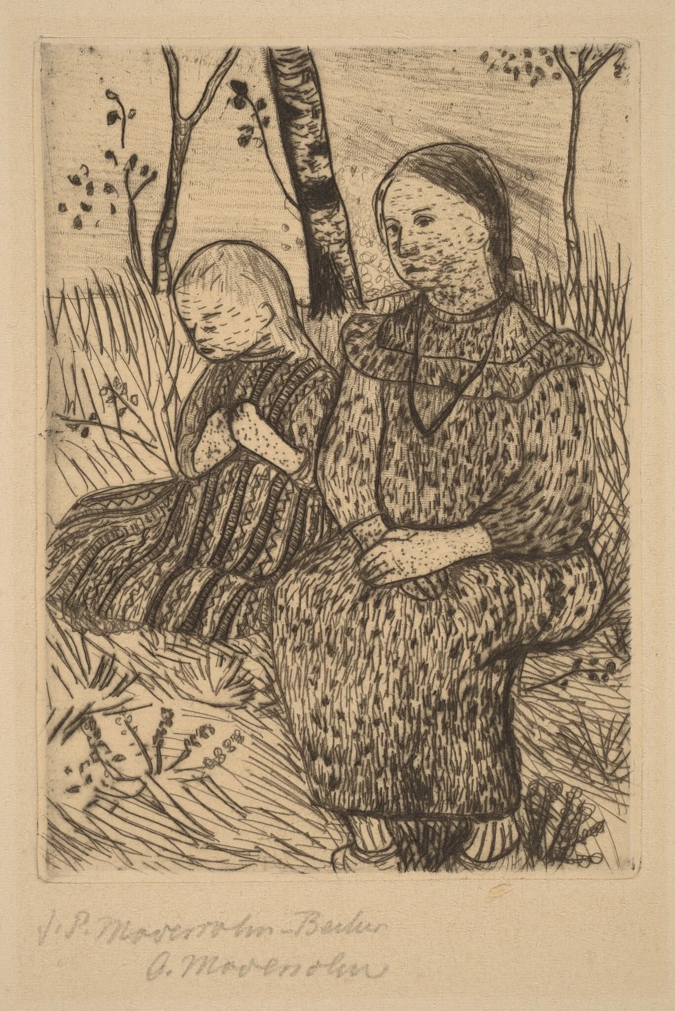 Two Peasant Girls, by Paula Modersohn-Becker, ink, 1900