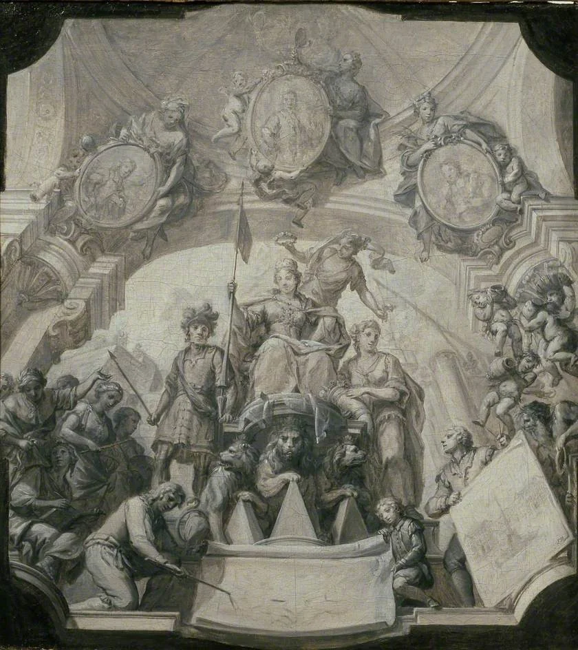 Design for an allegorical Ceiling Painting, by Francesco Galli Bibiena, oil