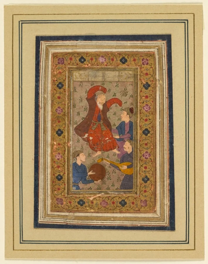 A dancing dervish and three musicians, from a Divan (Collected Poems) of Urfi (Persian, 1555–1591), by Unknown, unspecified, 1637