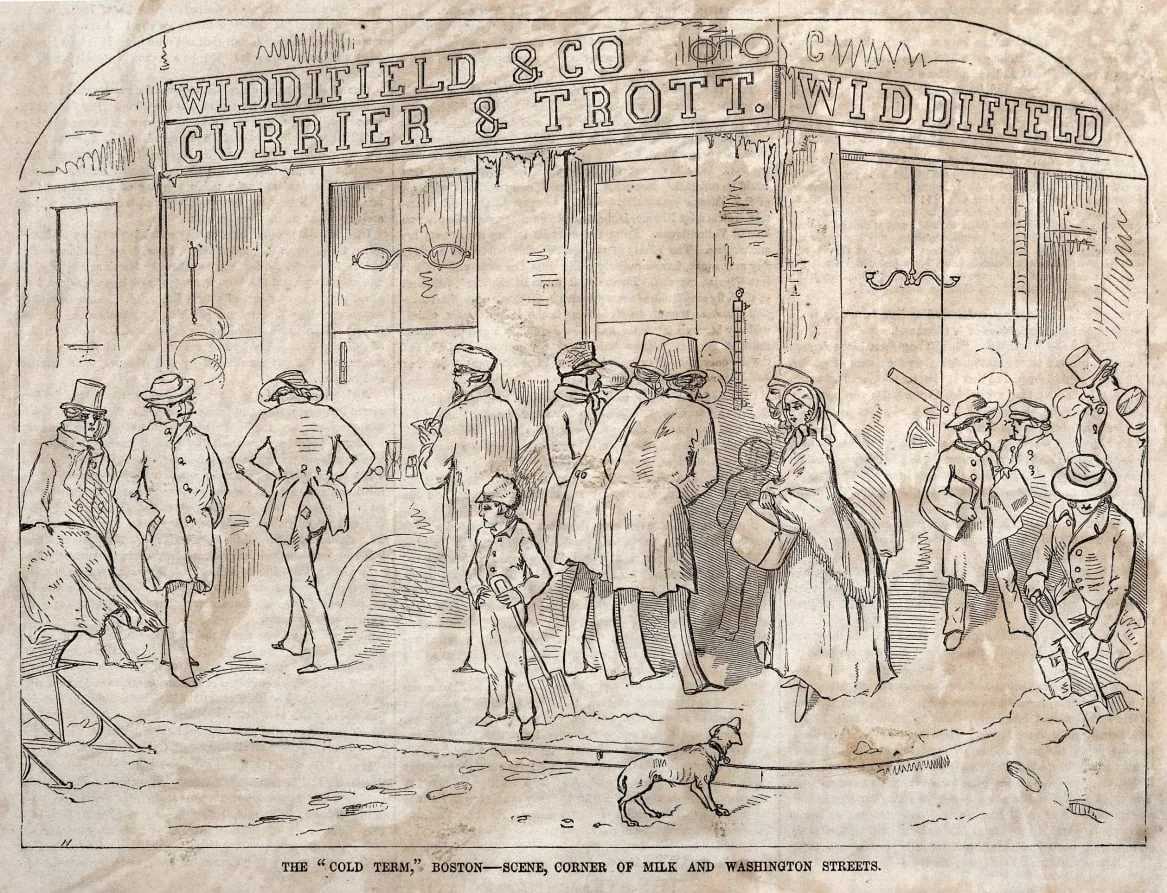 The "Cold Term," Boston - Scene, Corner Milk and Washington Streets, by Winslow Homer, 1858
