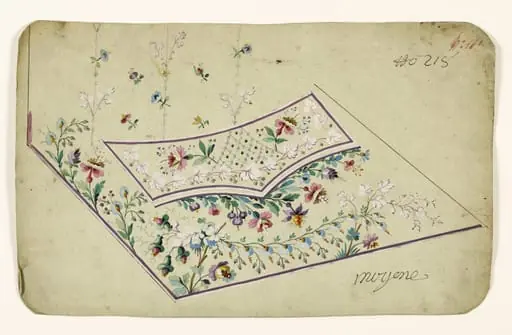 Composition avec branches fleuries, guirlandes de fleurs bleues et blanches, rayures fleuries, projets de broderies de gilet, XVIIIème siècle