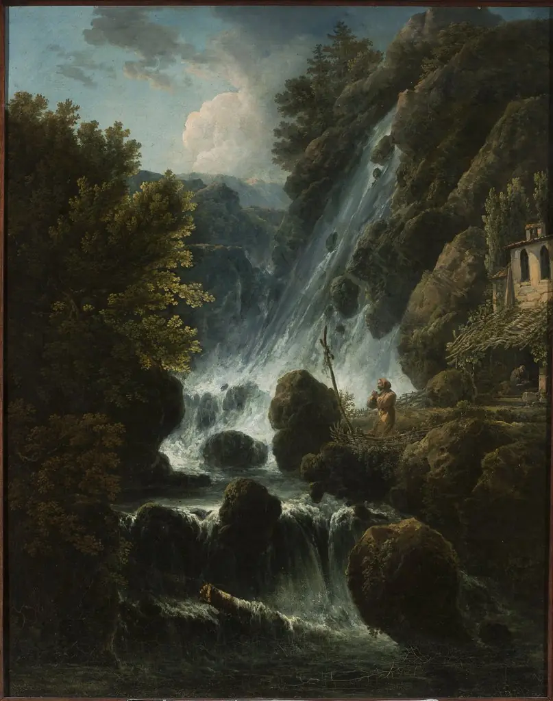 Hermit praying at the waterfall