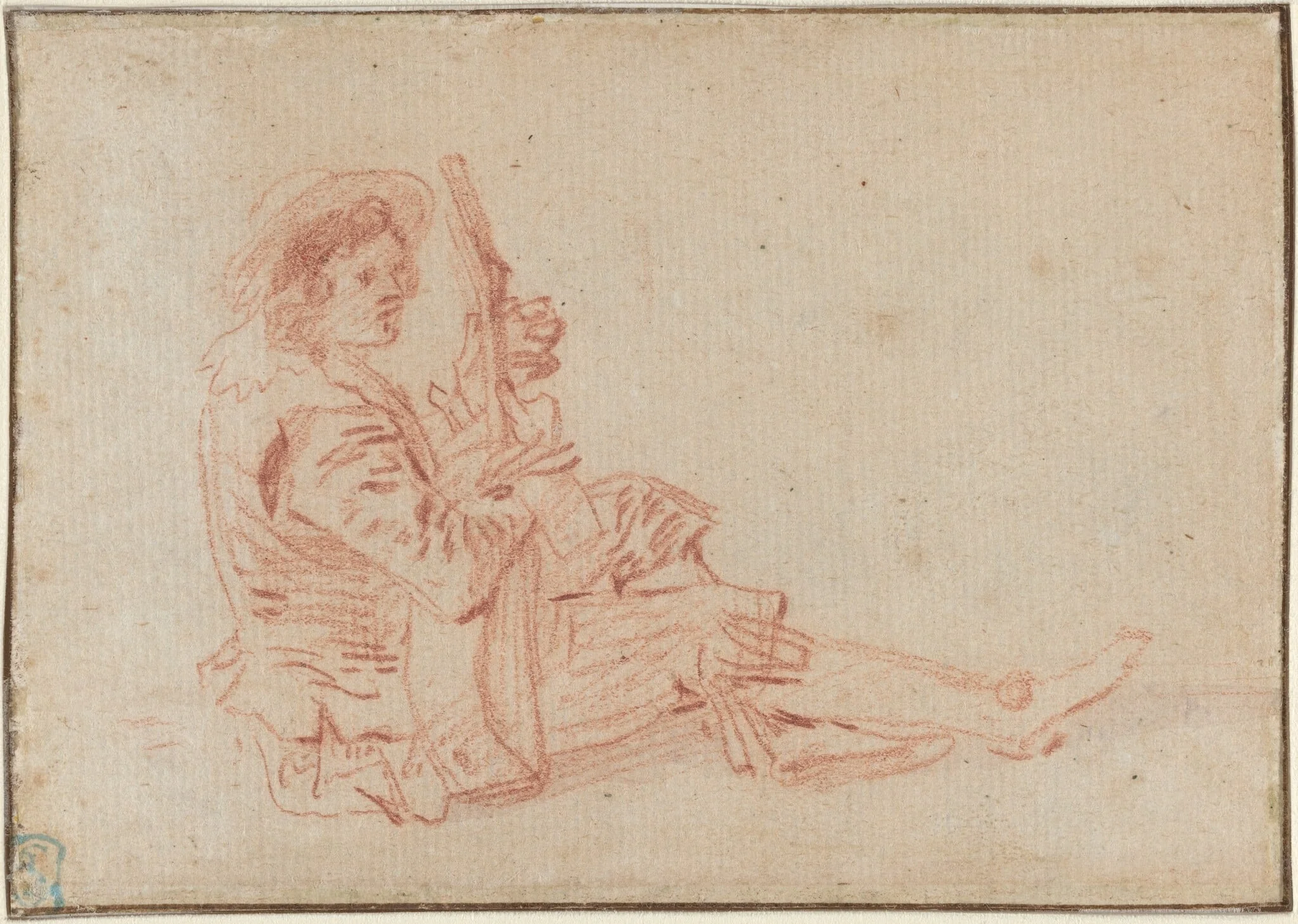 Seated Guitarist [recto], by Jean Antoine Watteau, chalk, 1702
