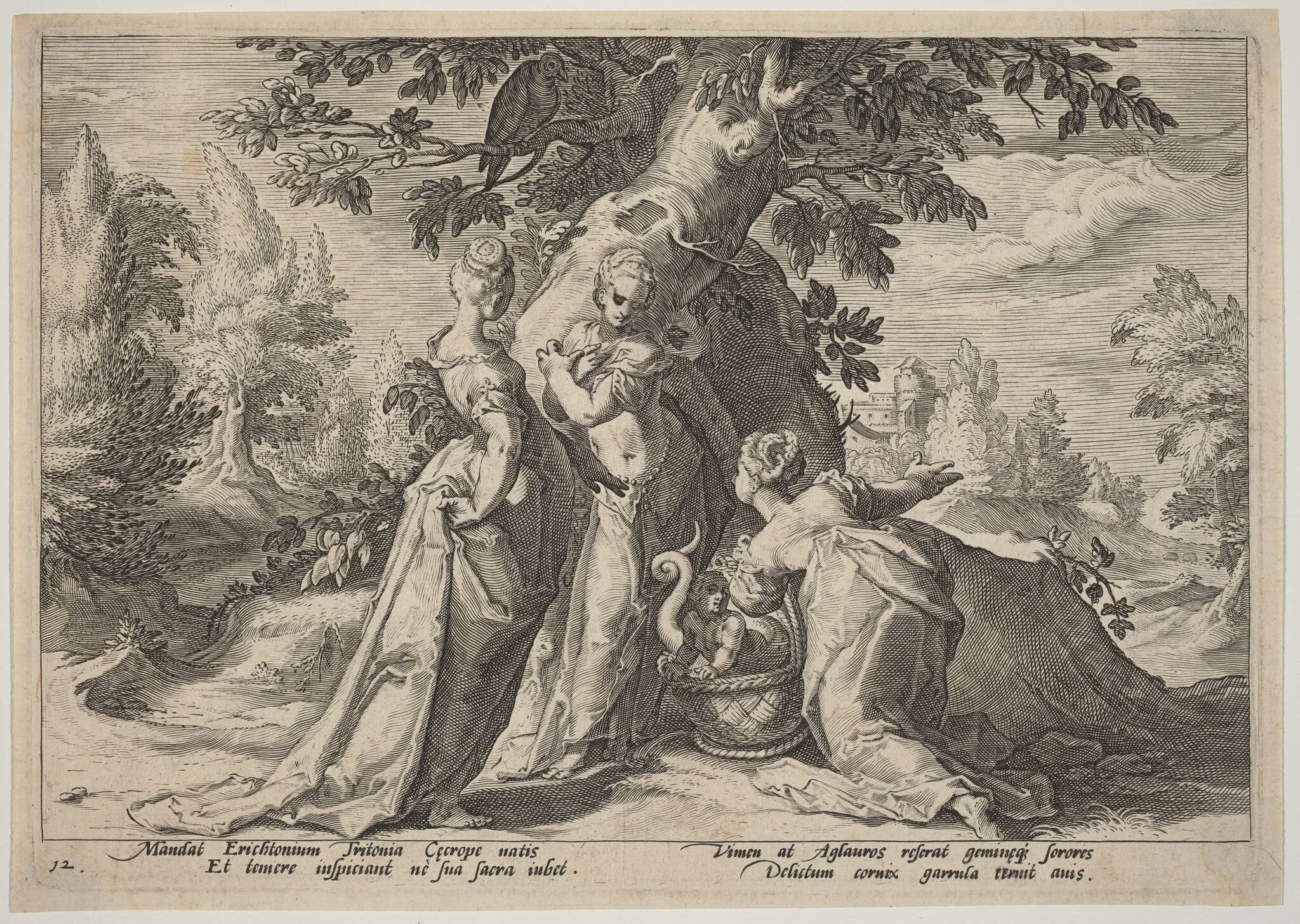 The Daughters of Cecrops Open the Casket Entrusted to Them by Minerva, by Hendrik Goltzius, ink, 1589