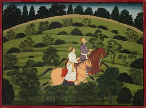 Akrura and Kritavarma flee Dvaraka, page from the "Large Basohli Bhagavata Purana"