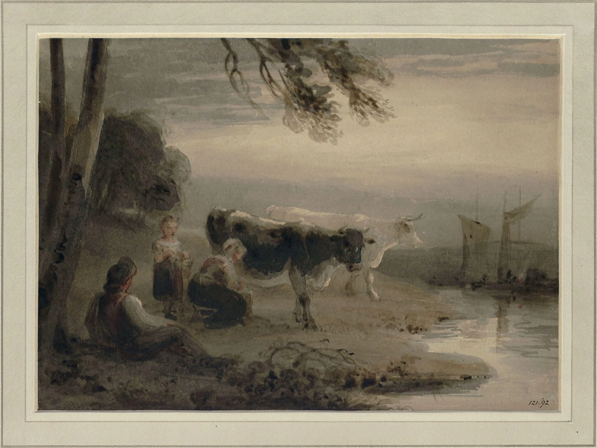 Landscape with figures and cows, by Richard RA Westall, watercolor, 1785