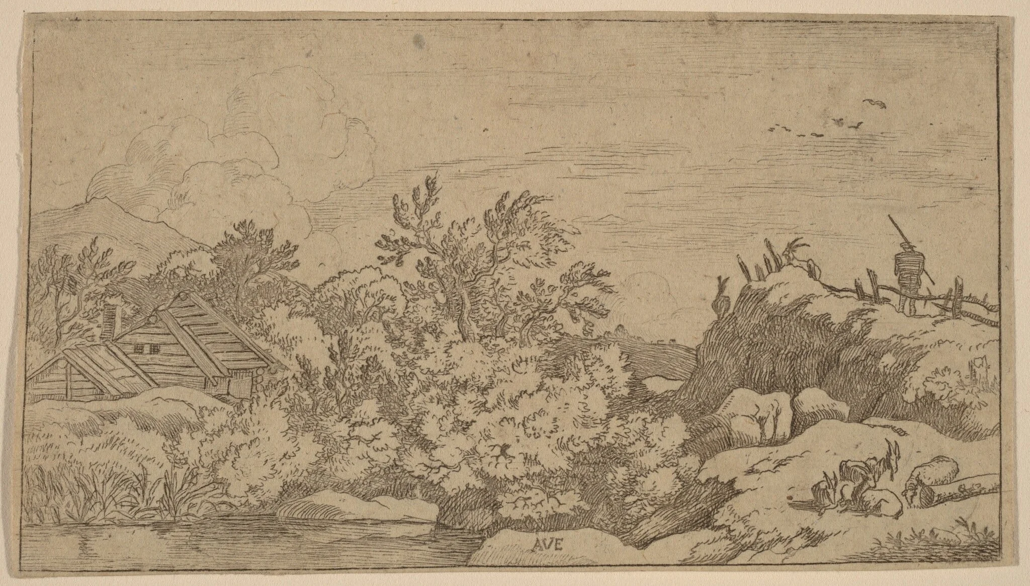 Goat Herd on a Hill, by Allart van Everdingen, ink, 1650