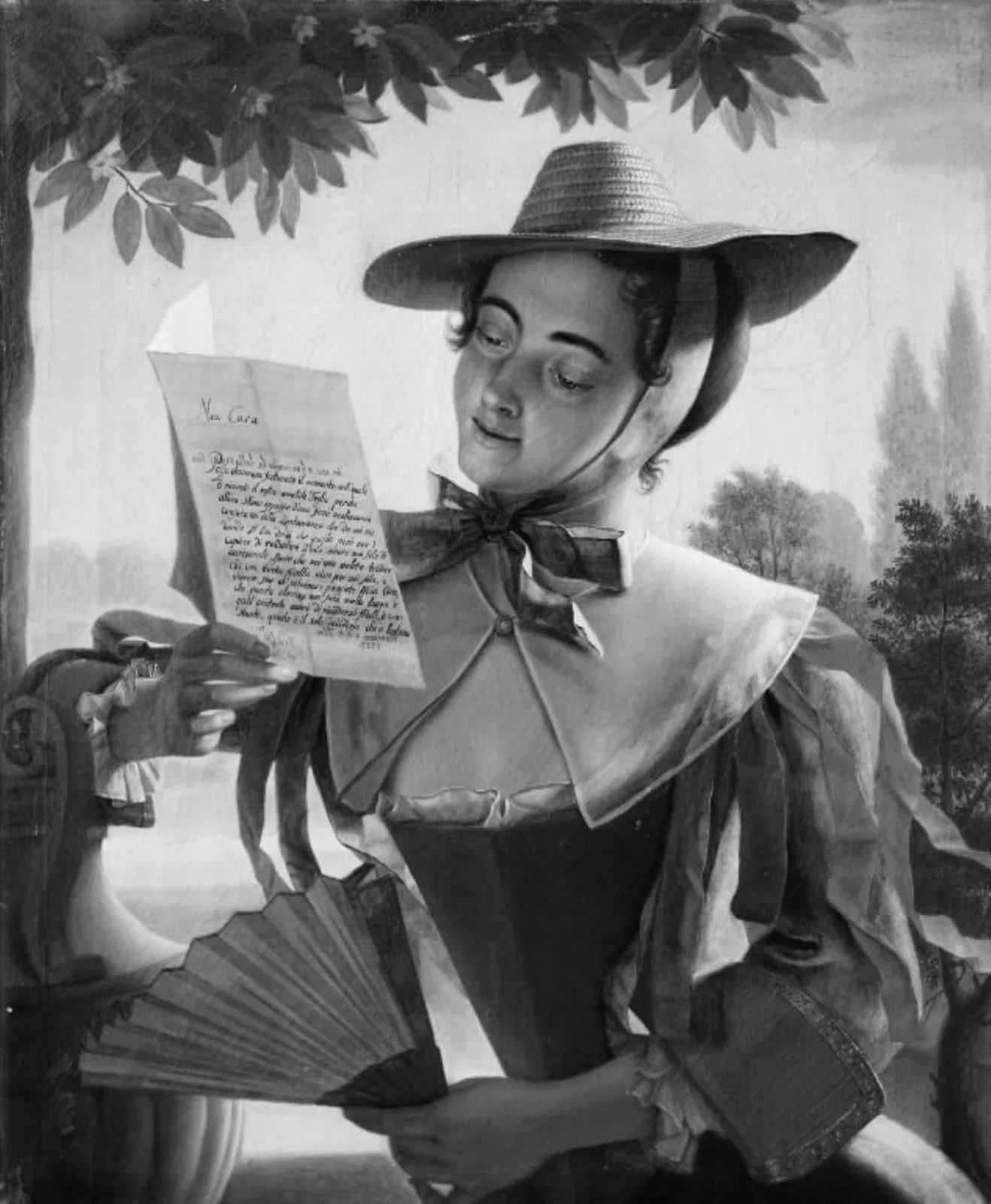 Dame i sommerdragt og med stråhat, læsende et brev, by Unknown, 1733