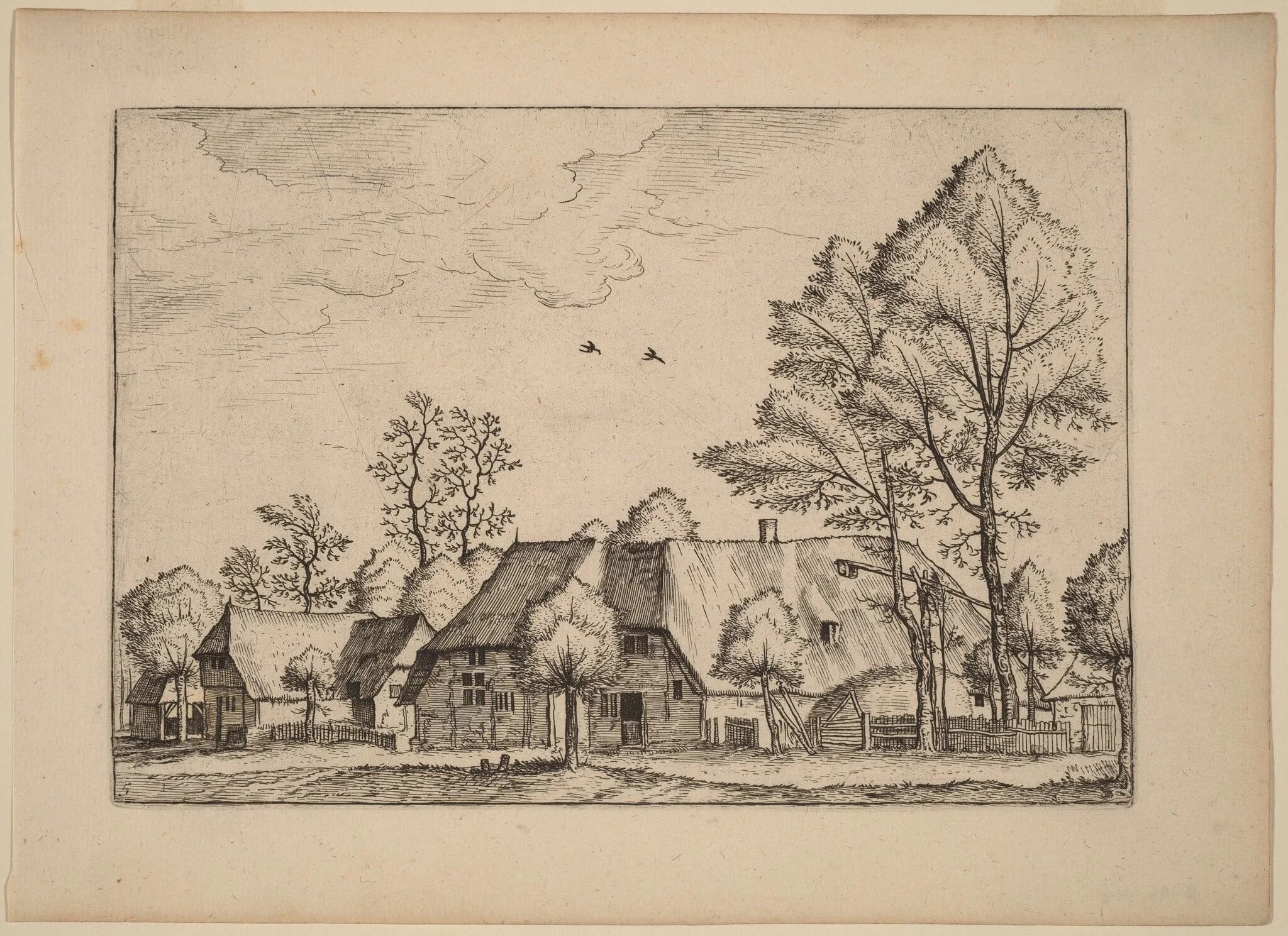 Large Farm with Draw Well, by Johannes van Doetechum the Elder, ink, 1676