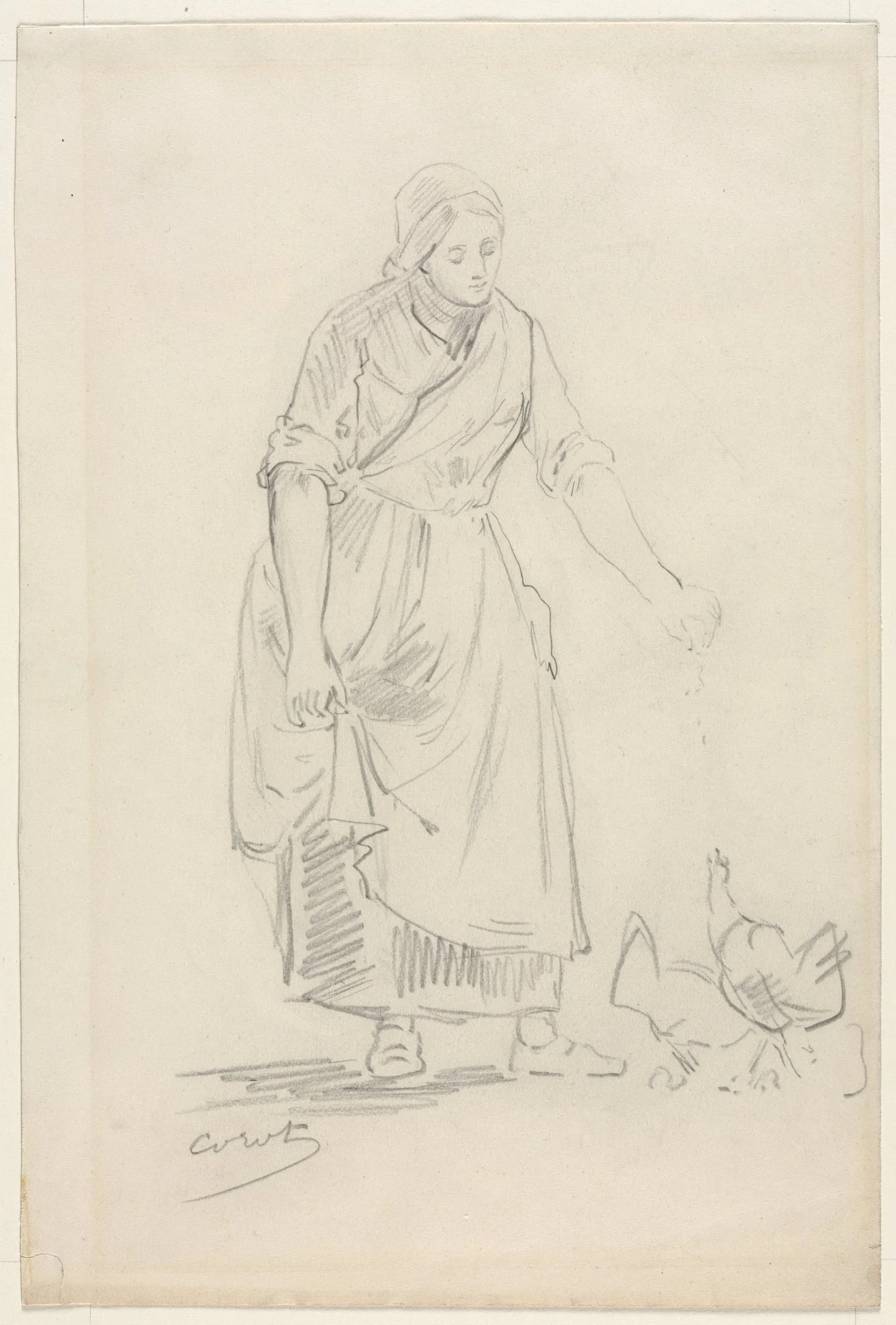 Peasant Girl Feeding Chickens, by Jean Baptiste Camille Corot, 1804