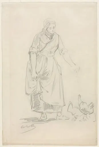 Peasant Girl Feeding Chickens