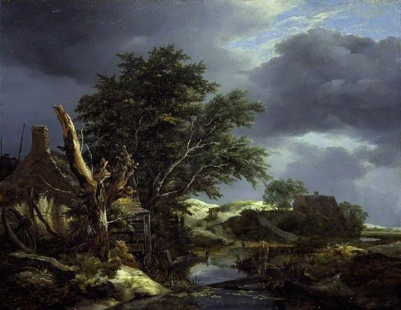 Landscape with a Blasted Tree near a House, by Jacob van Ruisdael, oil, 1645