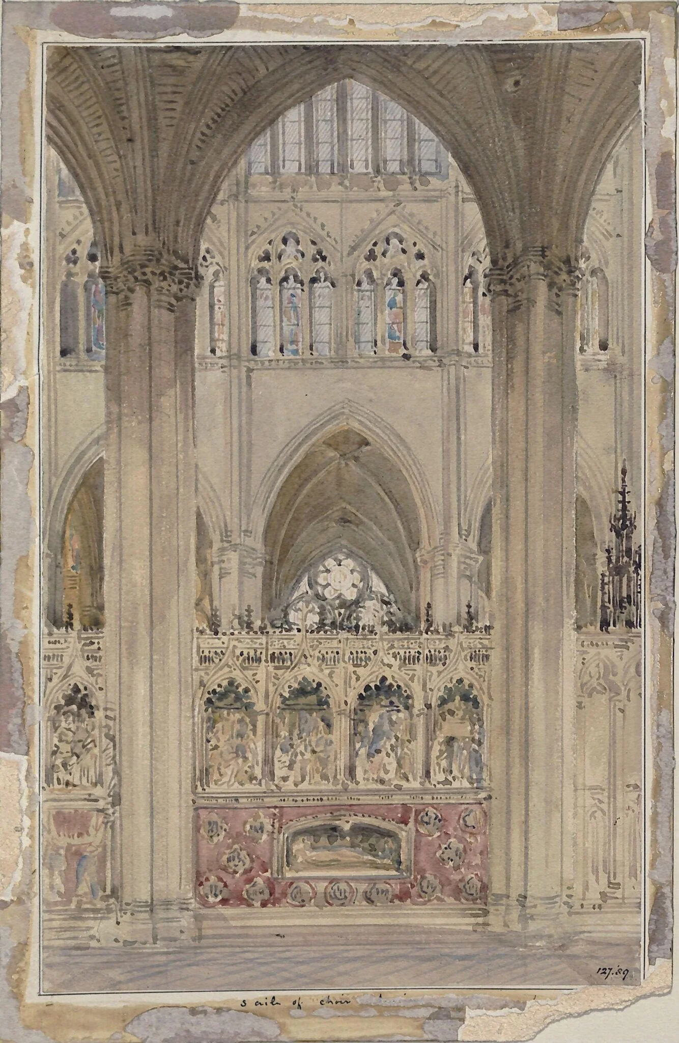 Choir aisle in Amiens Cathedral, by A.W.N. Pugin, watercolor, 1840