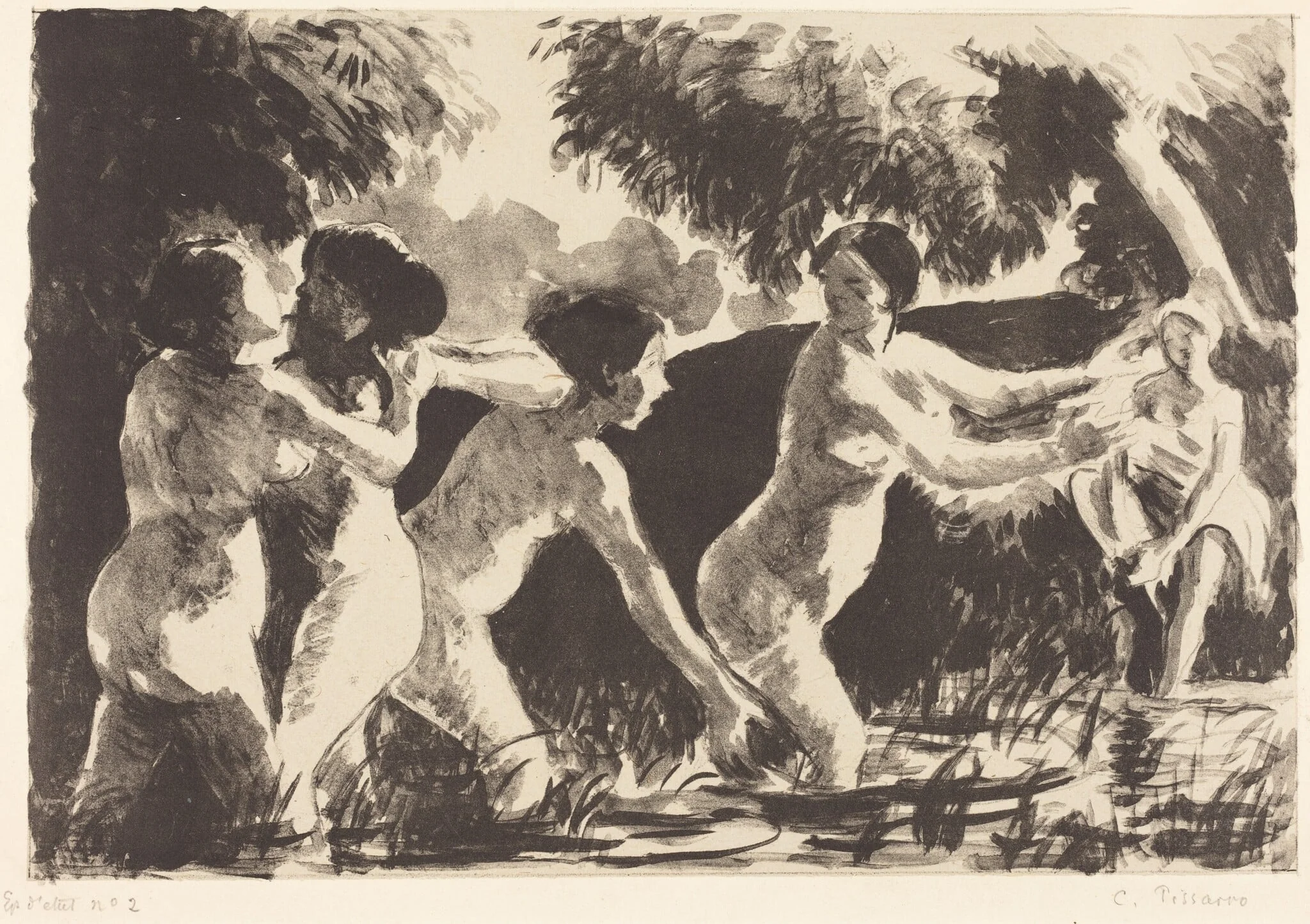Bathers Wrestling (Baigneuses luttants), by Camille Pissarro, ink, 1896