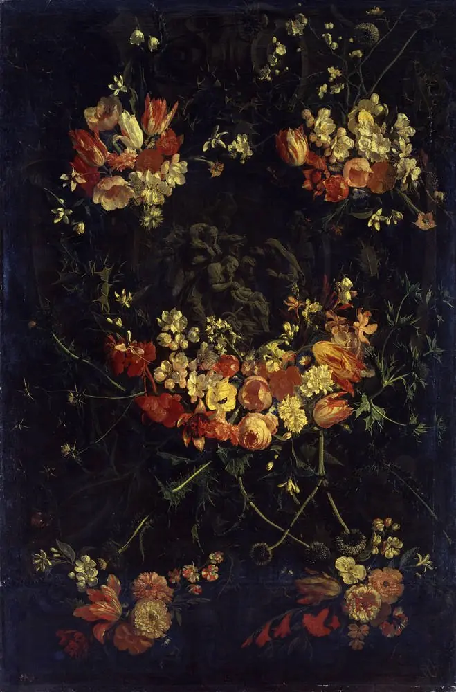 Sculpted cartouche adorned with flowergarlands with the adoration of the Christ-child by the shepherds