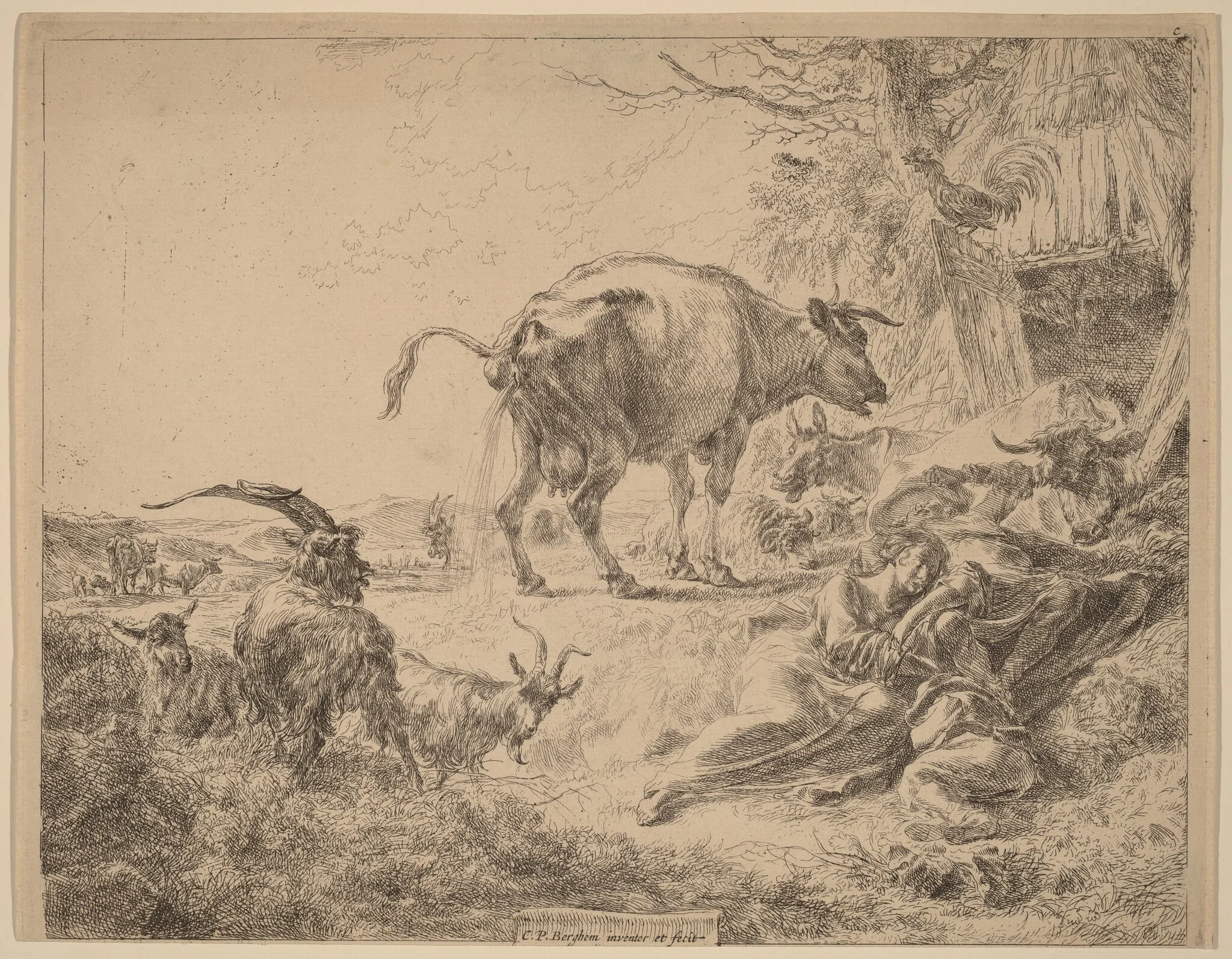 Cow Pissing, by Nicolaes Pieterszoon Berchem, ink, 1652