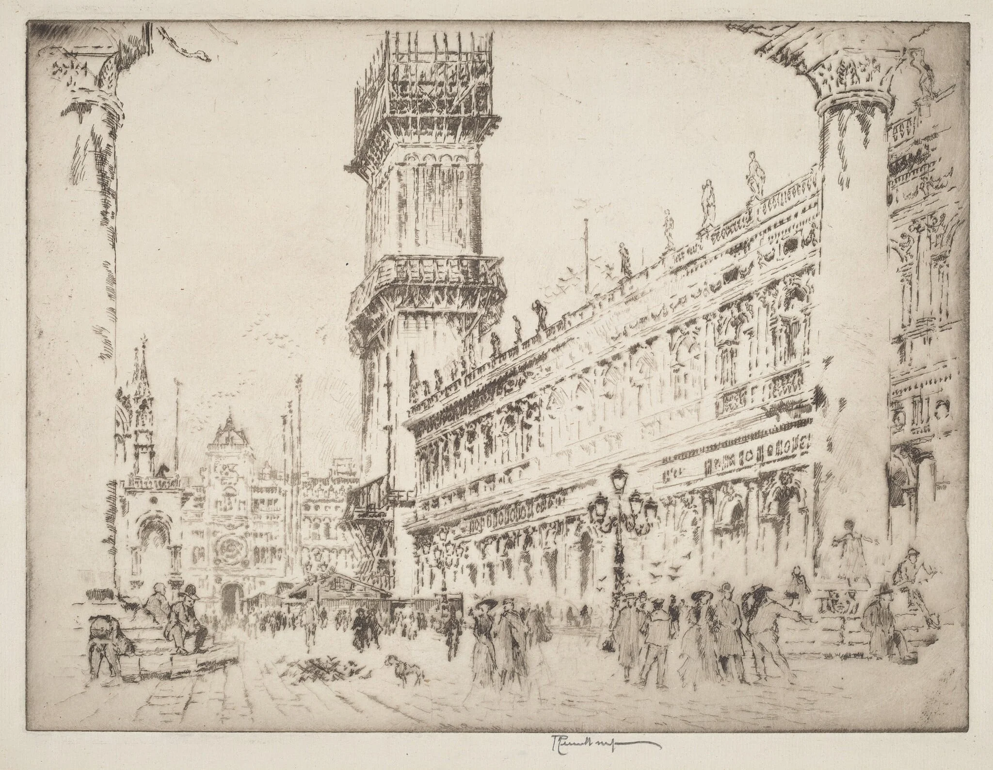 Rebuilding the Campanile, Venice, No.II, by Joseph Pennell, ink, 1911