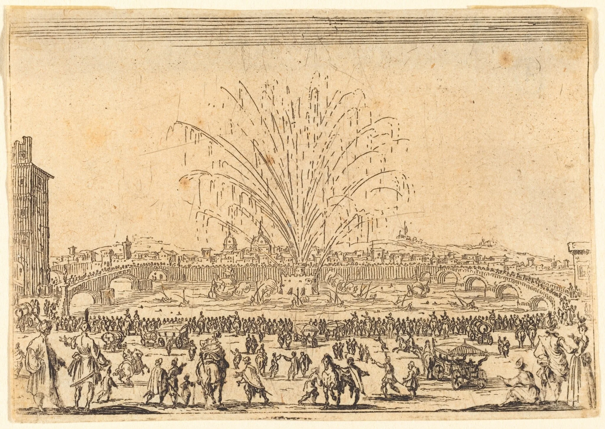 Fireworks on the Arno, Florence, by Jacques Callot, ink, 1622
