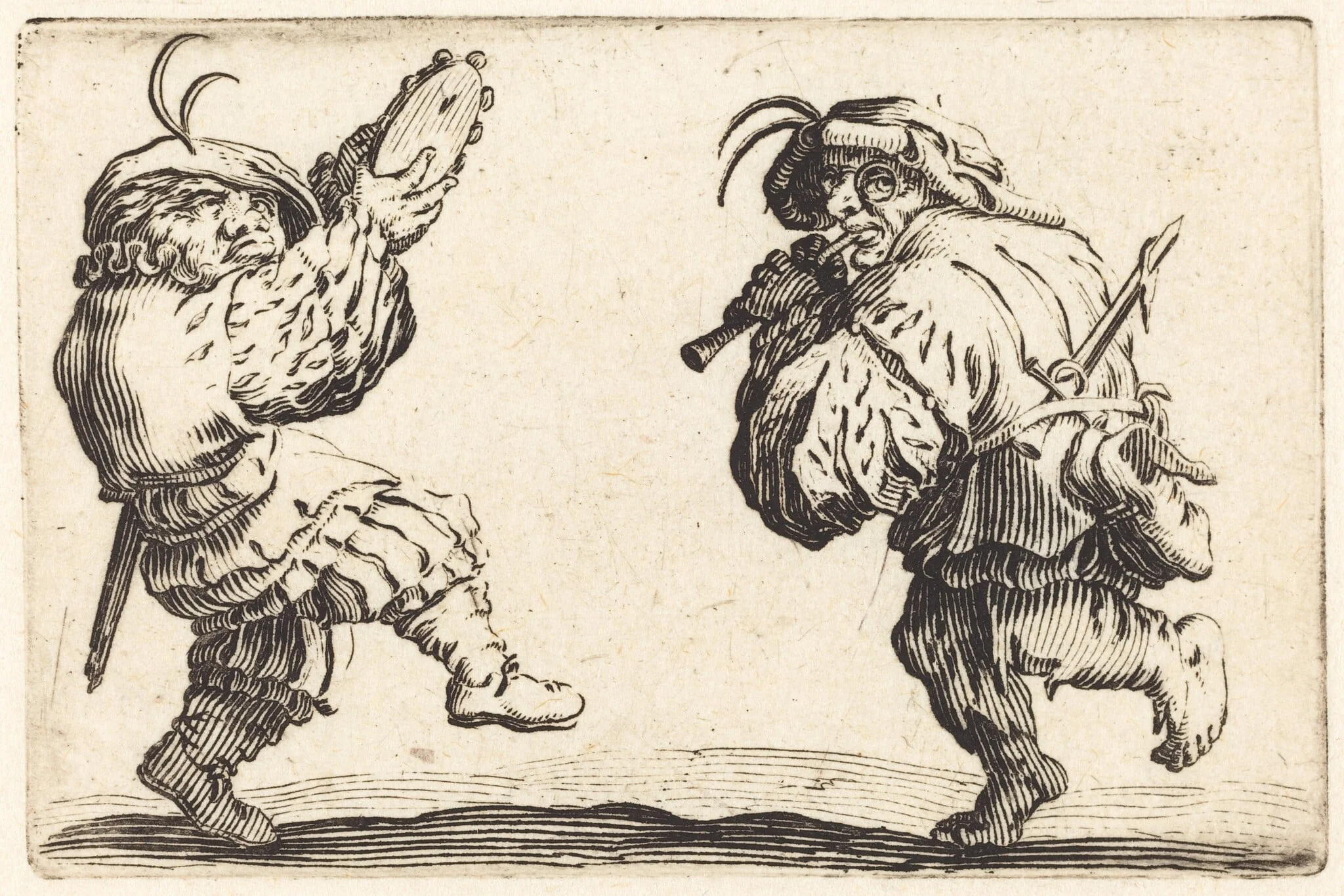 Dancers with Flute and Tambourine, by Jacques Callot, ink, 1622