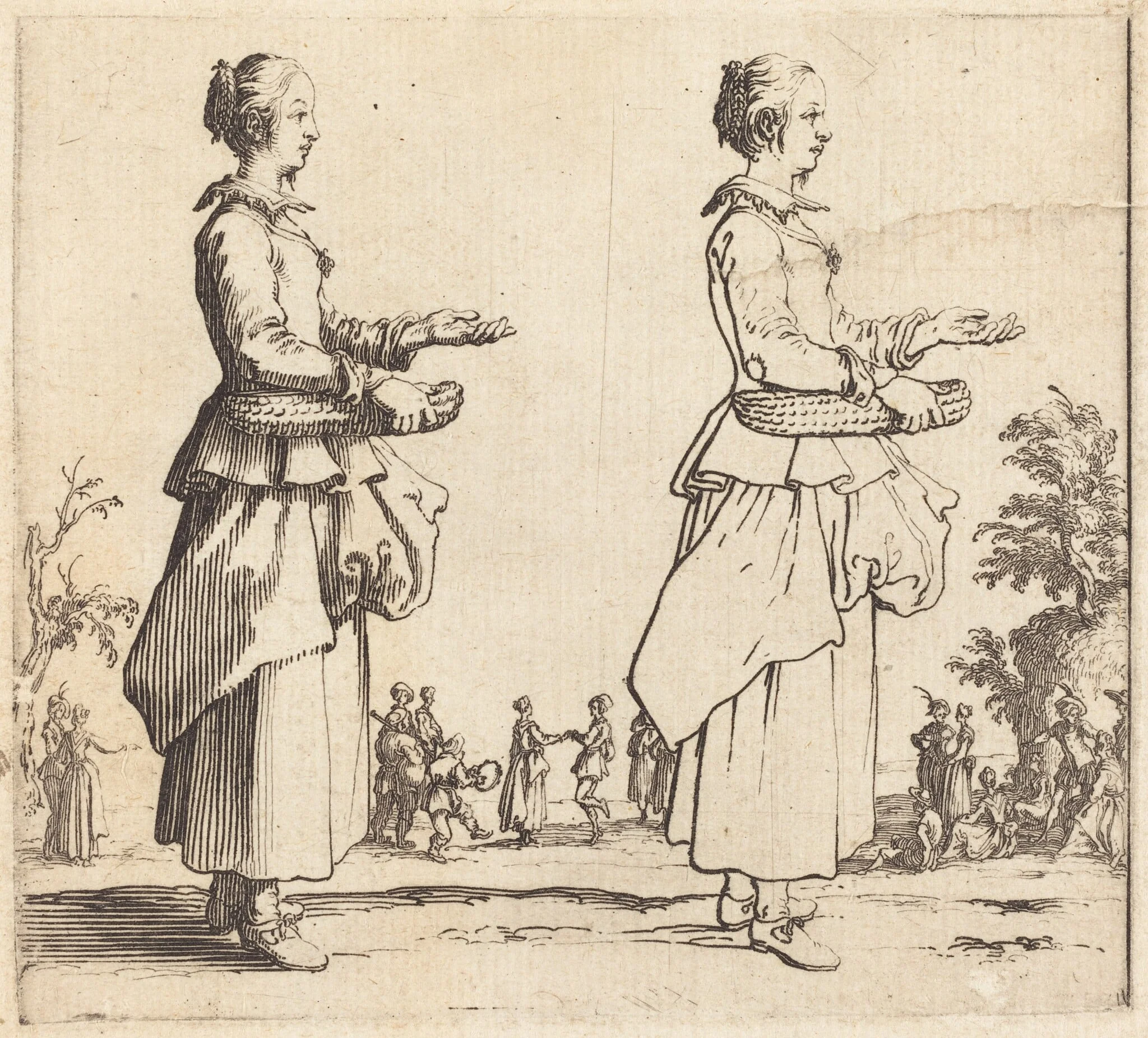 Peasant Woman with Basket, in Profile, Facing Right, by Jacques Callot, ink, 1622