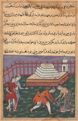 Hearing her declaration of love, Ayaz falls at the feet of Mahmuda at the holy shrine. The scene is witnessed by Salim, Ayaz’s friend, and a maid, from a Tuti-nama (Tales of a Parrot): Thirty-third Night