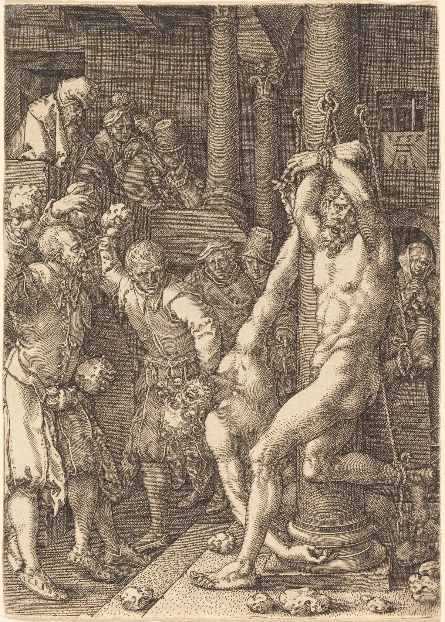 The Two Elders Stoned by the People, by Heinrich Aldegrever, ink, 1555