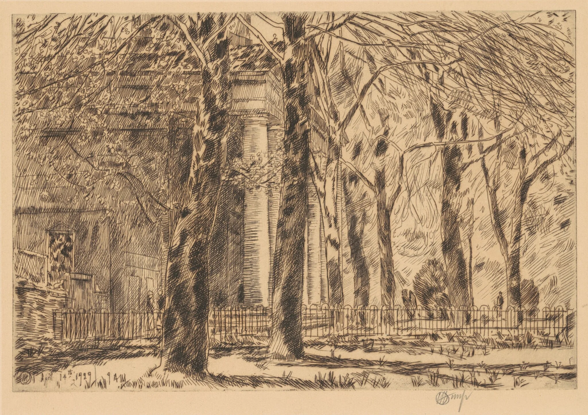 First Leaves—Spring in Washington, St. John's, by Childe Hassam, ink, 1929