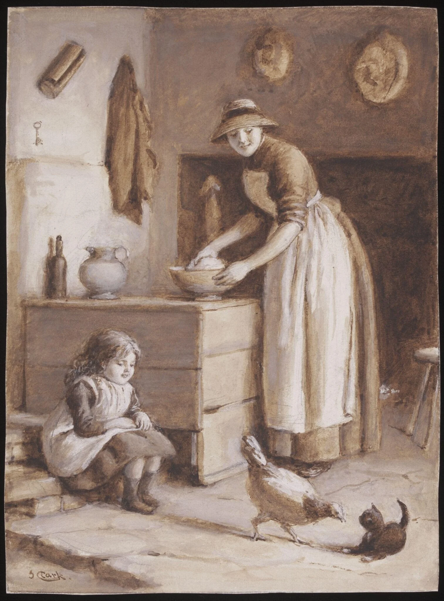 Sketch for an oil painting 'Familiarity breeds Contempt', by Joseph Clark, watercolor, 1850