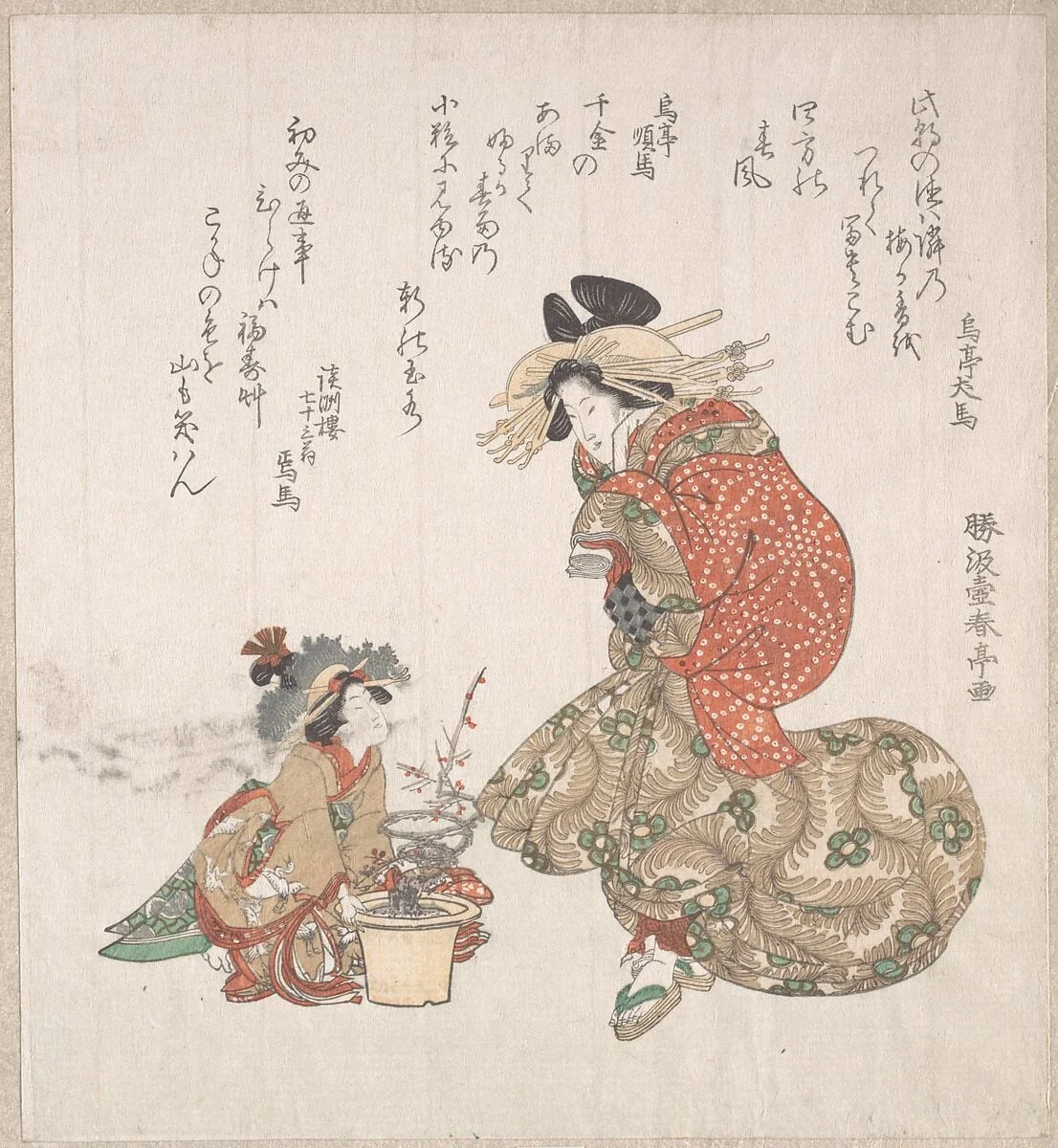 花魁と梅盆栽|Courtesan and her Child Attendant with a Potted Plum Tree, by Katsukawa Shuntei, ink, 1815