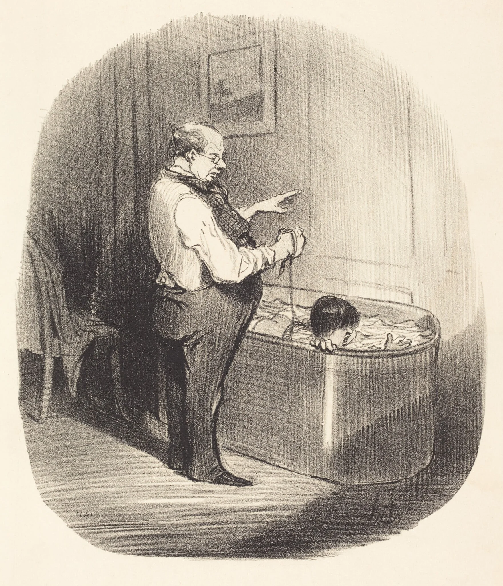 La Première leçon de natation, by Honoré Daumier, ink, 1847