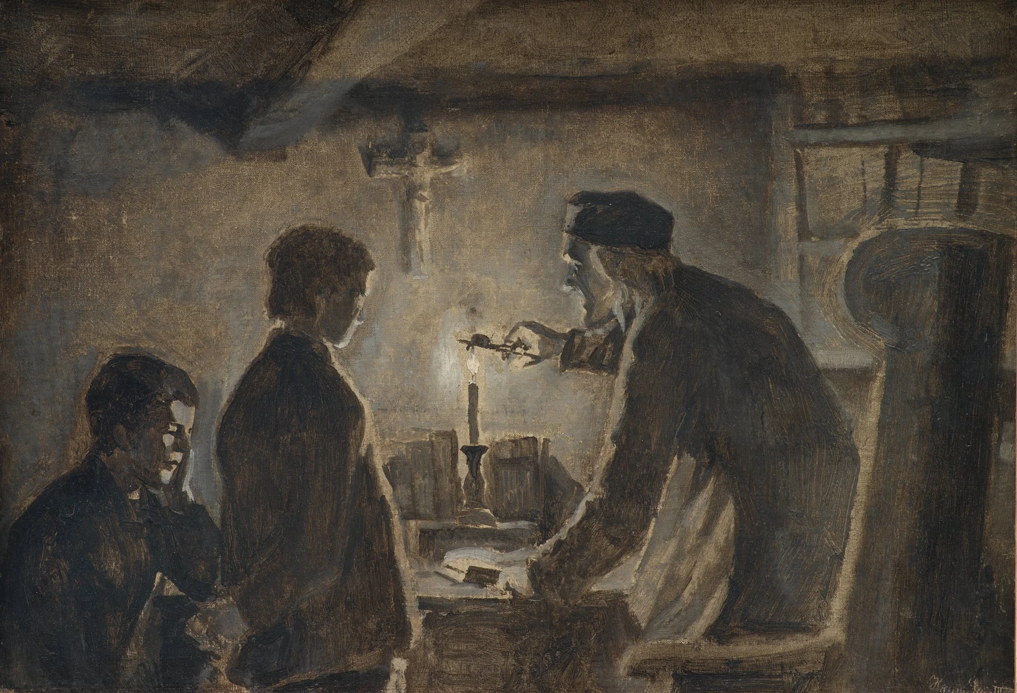 Pastor Sören blows out the candle on the New Year's Eve, by Unknown, 1900