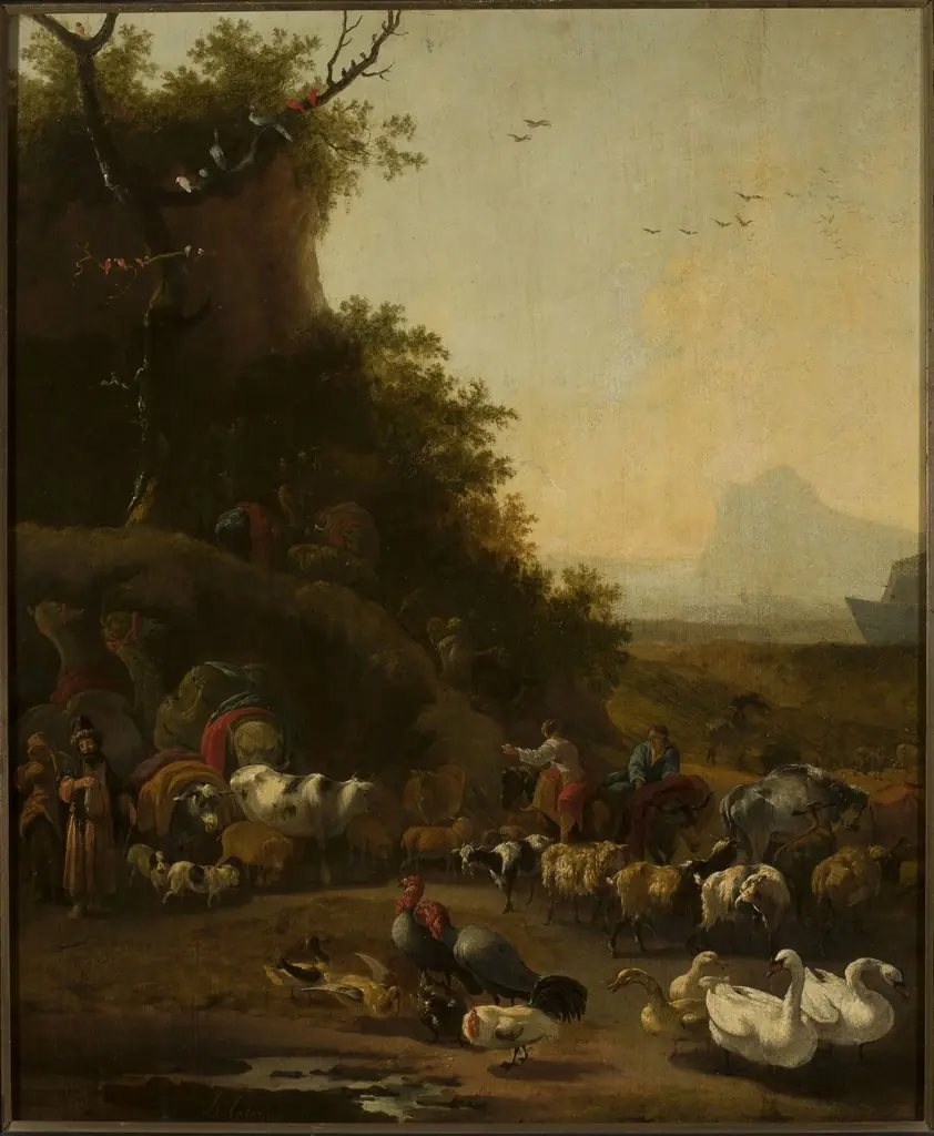 Noah’s family and animals in front of the ark (Genesis 7:1-3)