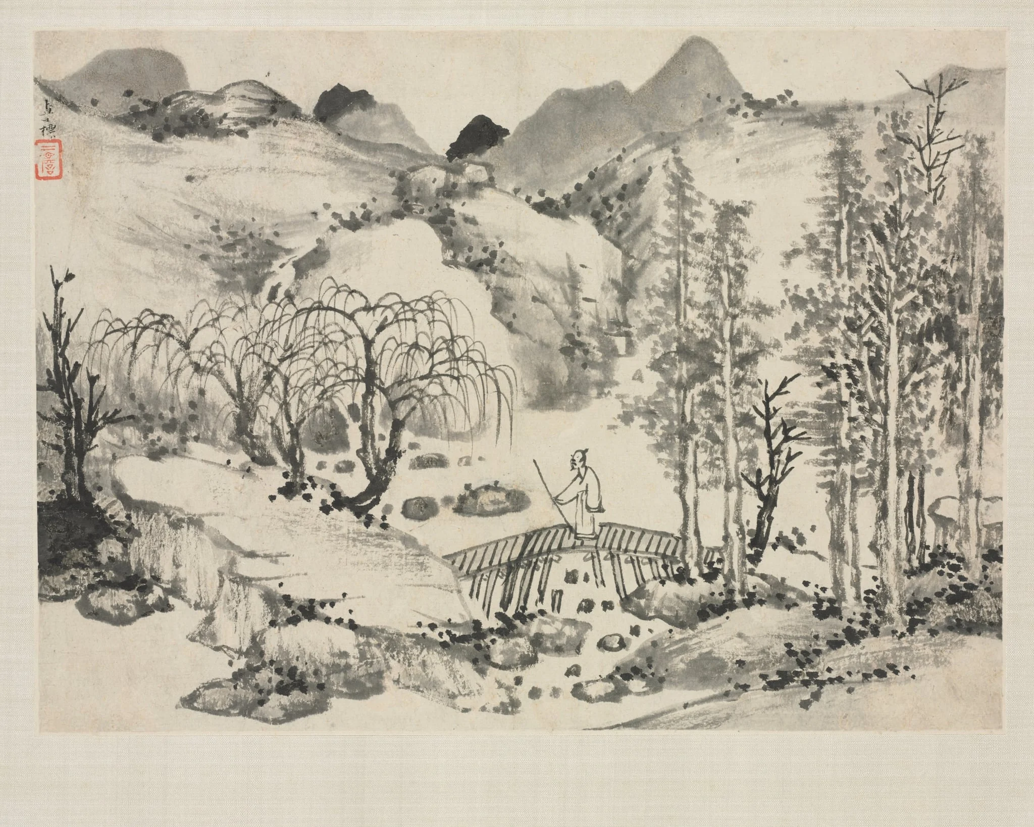 Landscape Album in Various Styles: Landscape with Artist on a Bridge, by Zha Shibiao, unspecified, 1684