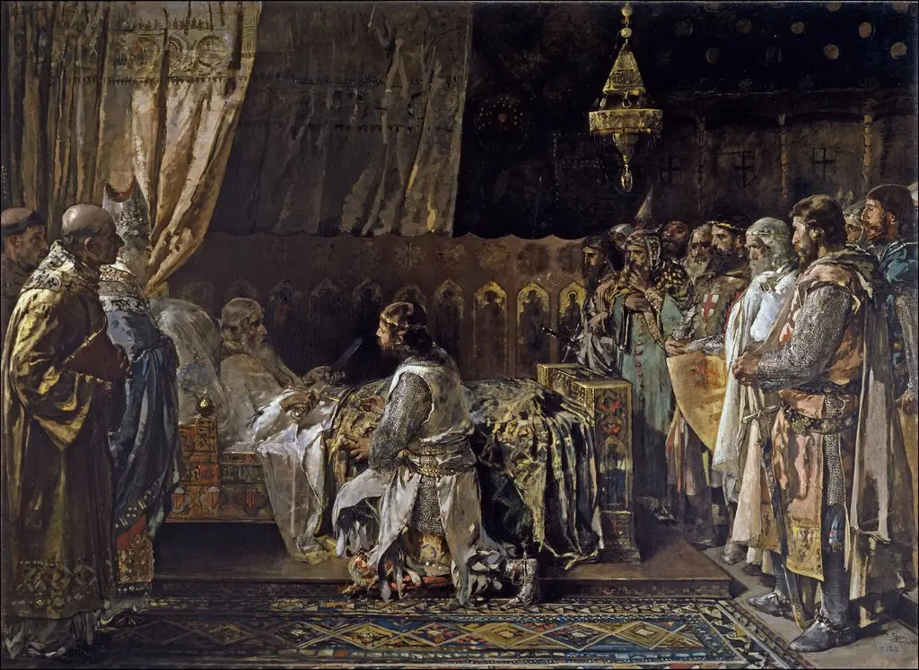 In his final moments, King Jaime el Conquistador gives his sword to his son, Pedro