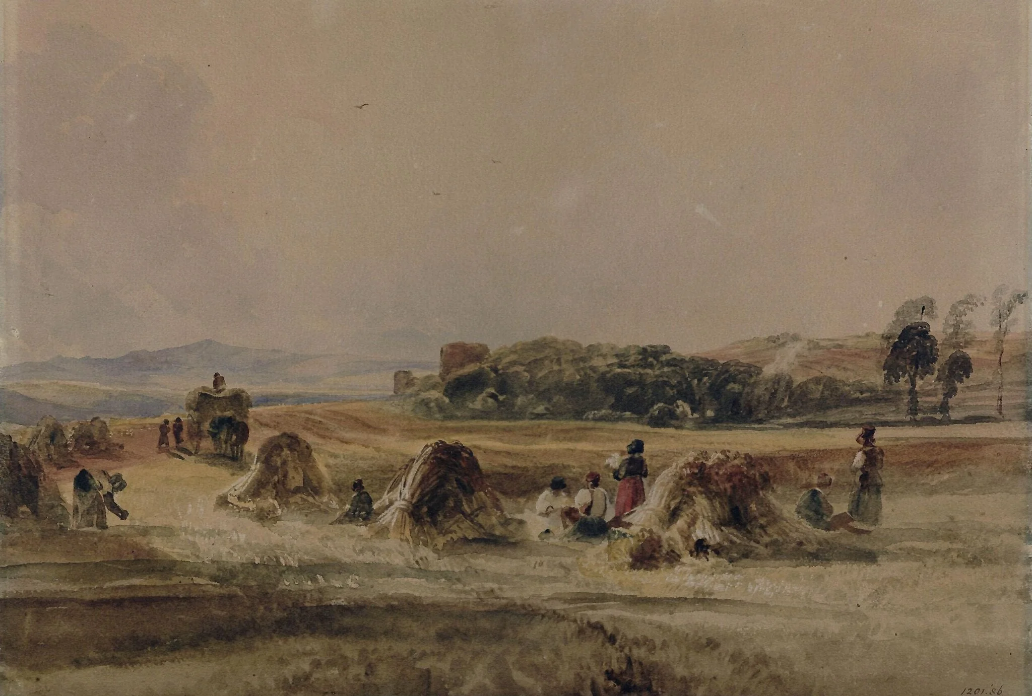 Cornfield with Harvesters, by Peter De Wint, watercolor, 1805