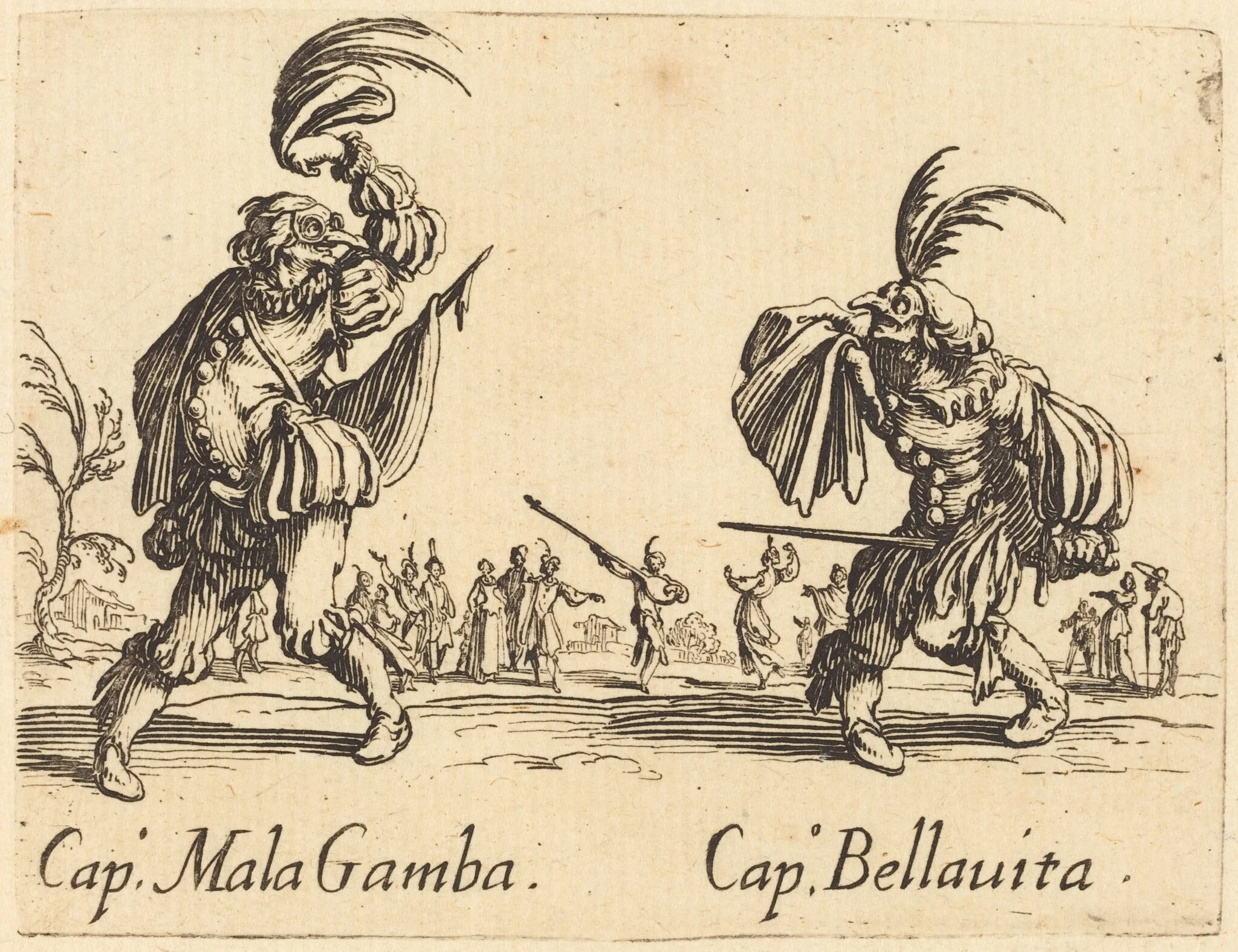 Cap. Mala Gamba and Cap. Bellavita, by Jacques Callot, ink, 1622