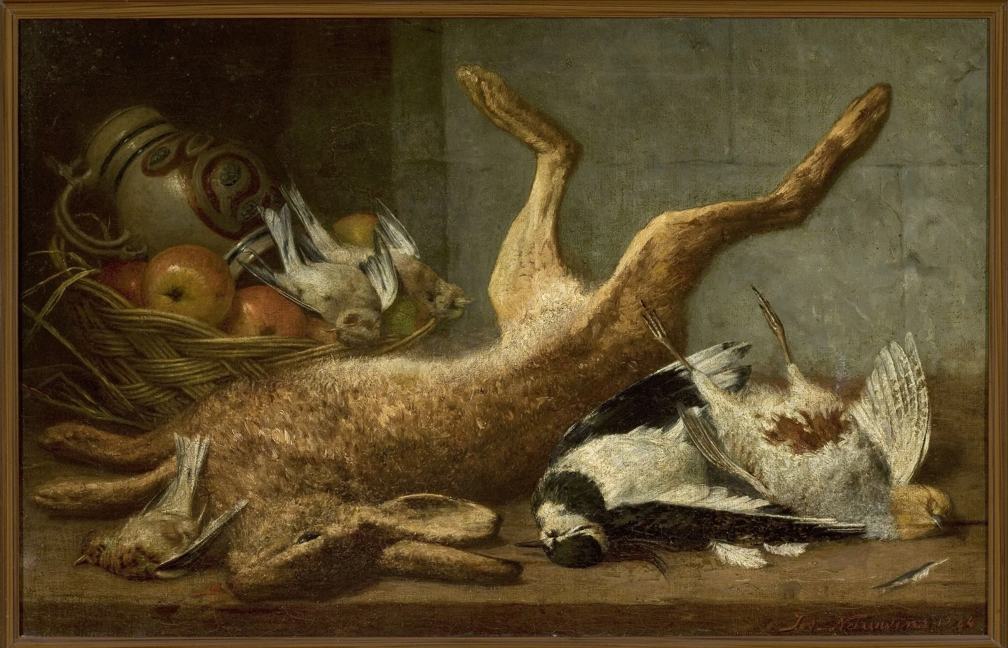 Hunting trophies: dead hare, by Joseph Nauwens, oil, 1892