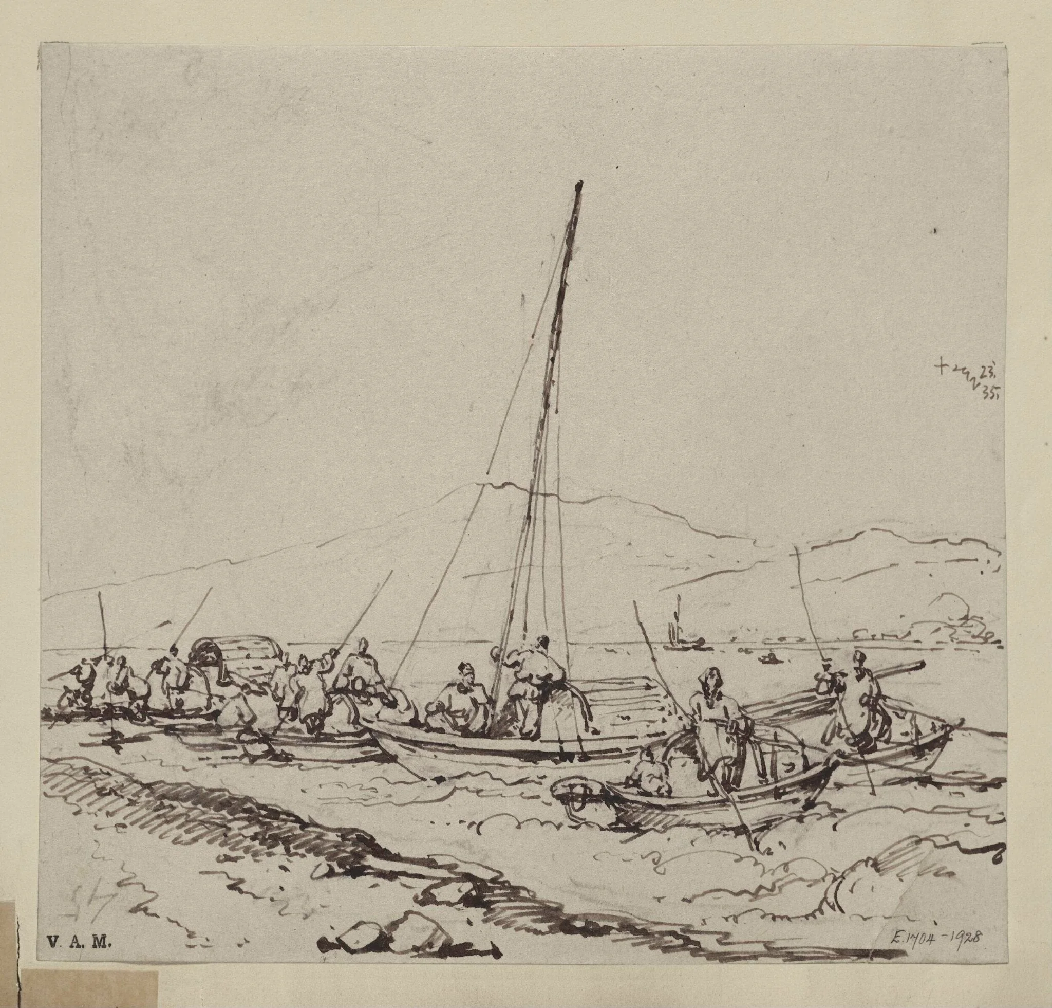 Tanka boats in shallow water near the shore, by George Chinnery, 16