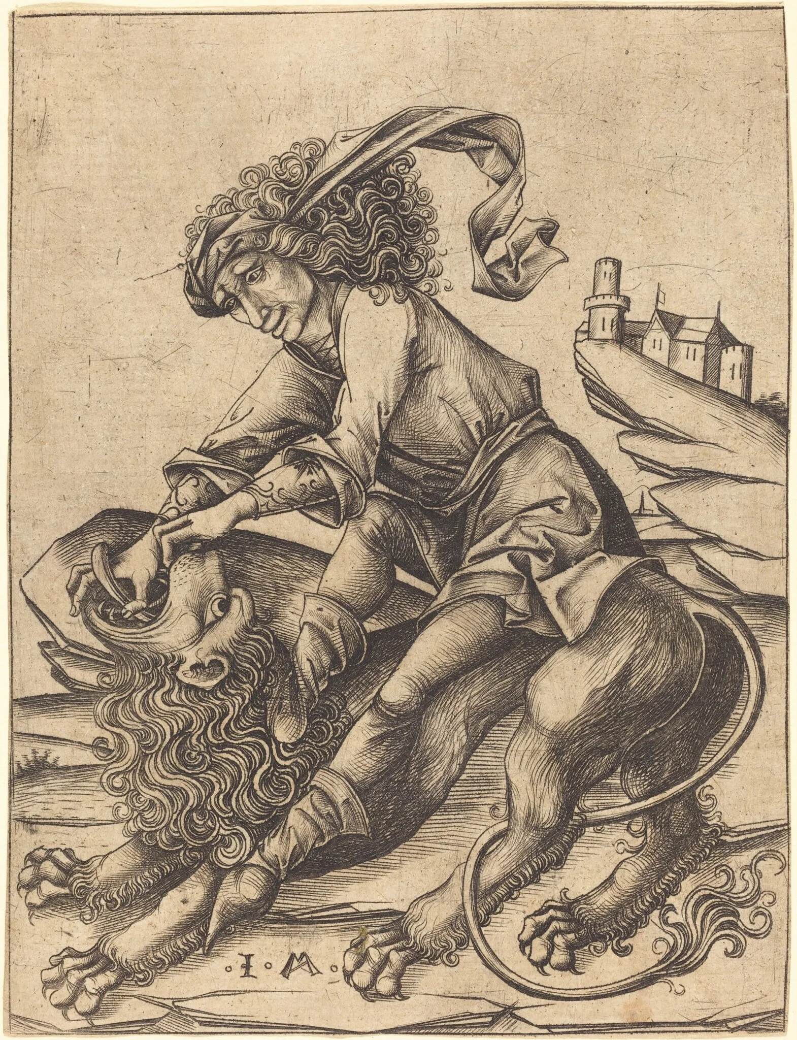 Samson and the Lion, by Israhel van Meckenem, ink, 1475