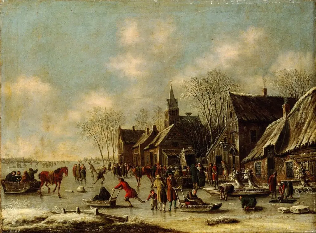 Winter landscape with people having fun on the ice